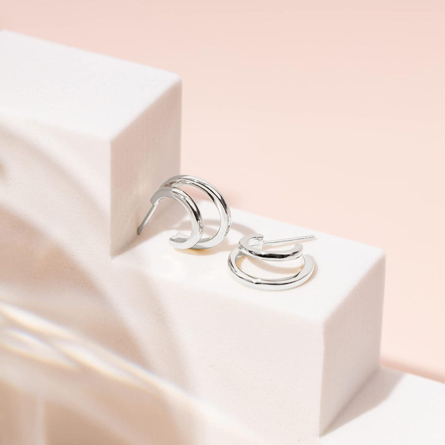 imagePAVOI 14K Gold Plated Multi Huggie Hoop Earrings for Women 925 Sterling Silver Posts Triple Split Hoop Gold Earrings for Women Trendy Fashion JewelryDouble