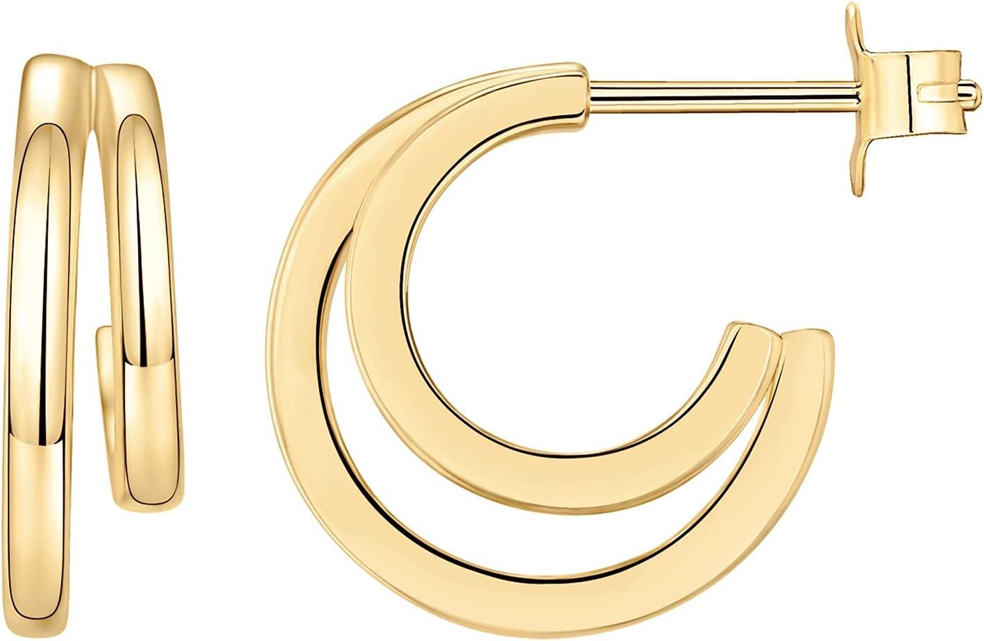 imagePAVOI 14K Gold Plated Multi Huggie Hoop Earrings for Women 925 Sterling Silver Posts Triple Split Hoop Gold Earrings for Women Trendy Fashion JewelryDouble