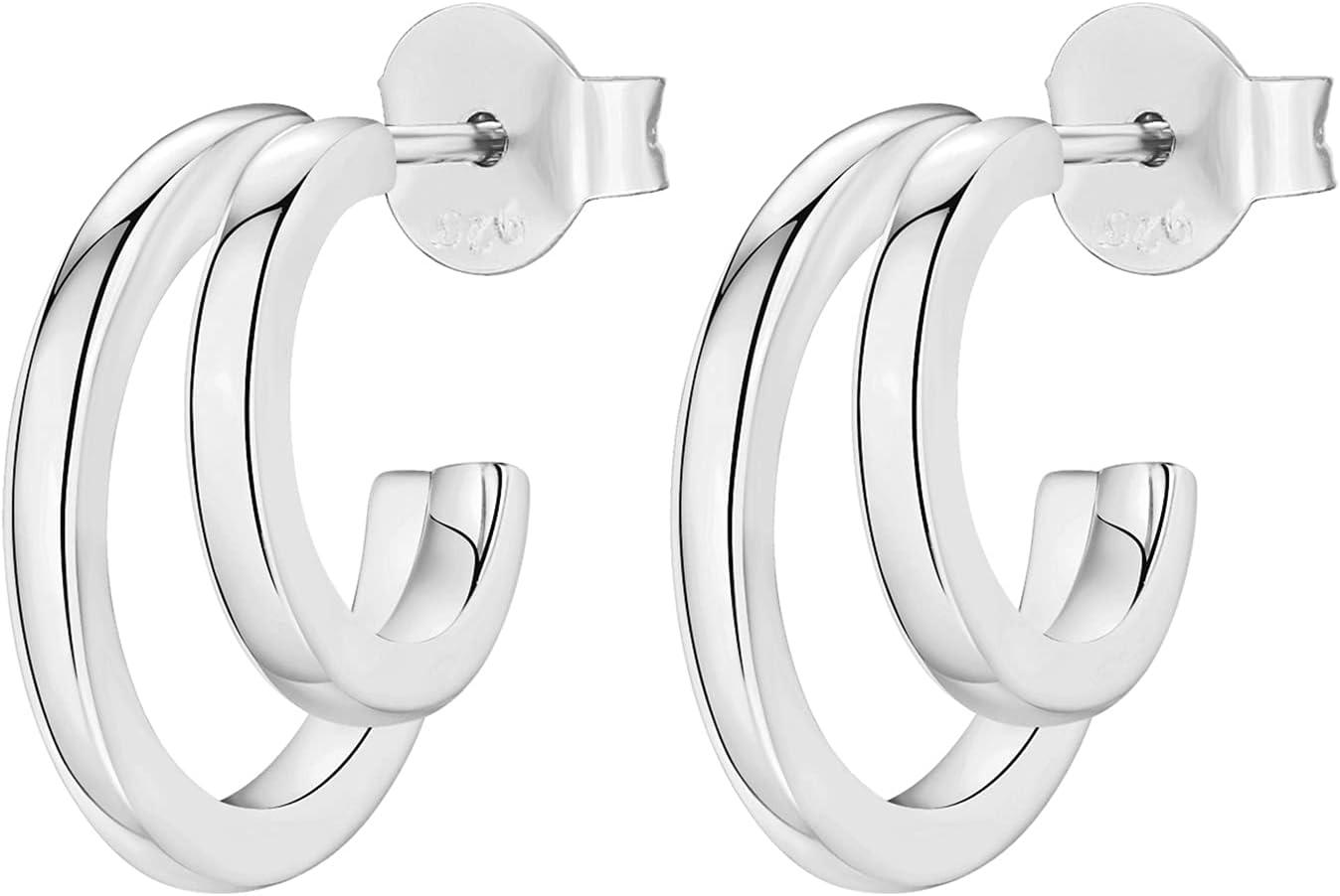 imagePAVOI 14K Gold Plated Multi Huggie Hoop Earrings for Women 925 Sterling Silver Posts Triple Split Hoop Gold Earrings for Women Trendy Fashion JewelryDouble