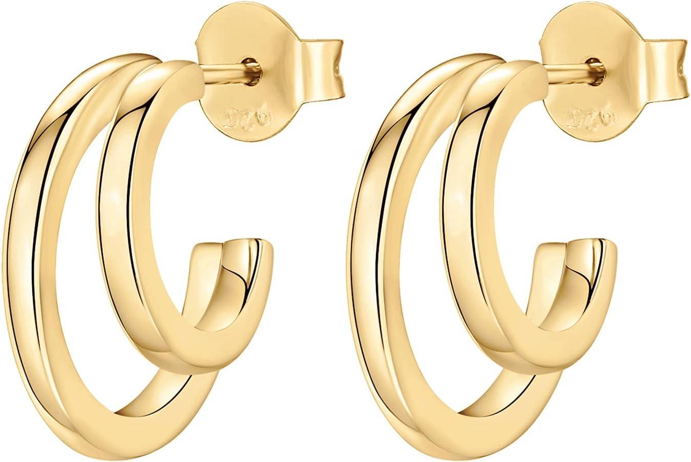 imagePAVOI 14K Gold Plated Multi Huggie Hoop Earrings for Women 925 Sterling Silver Posts Triple Split Hoop Gold Earrings for Women Trendy Fashion JewelryDouble