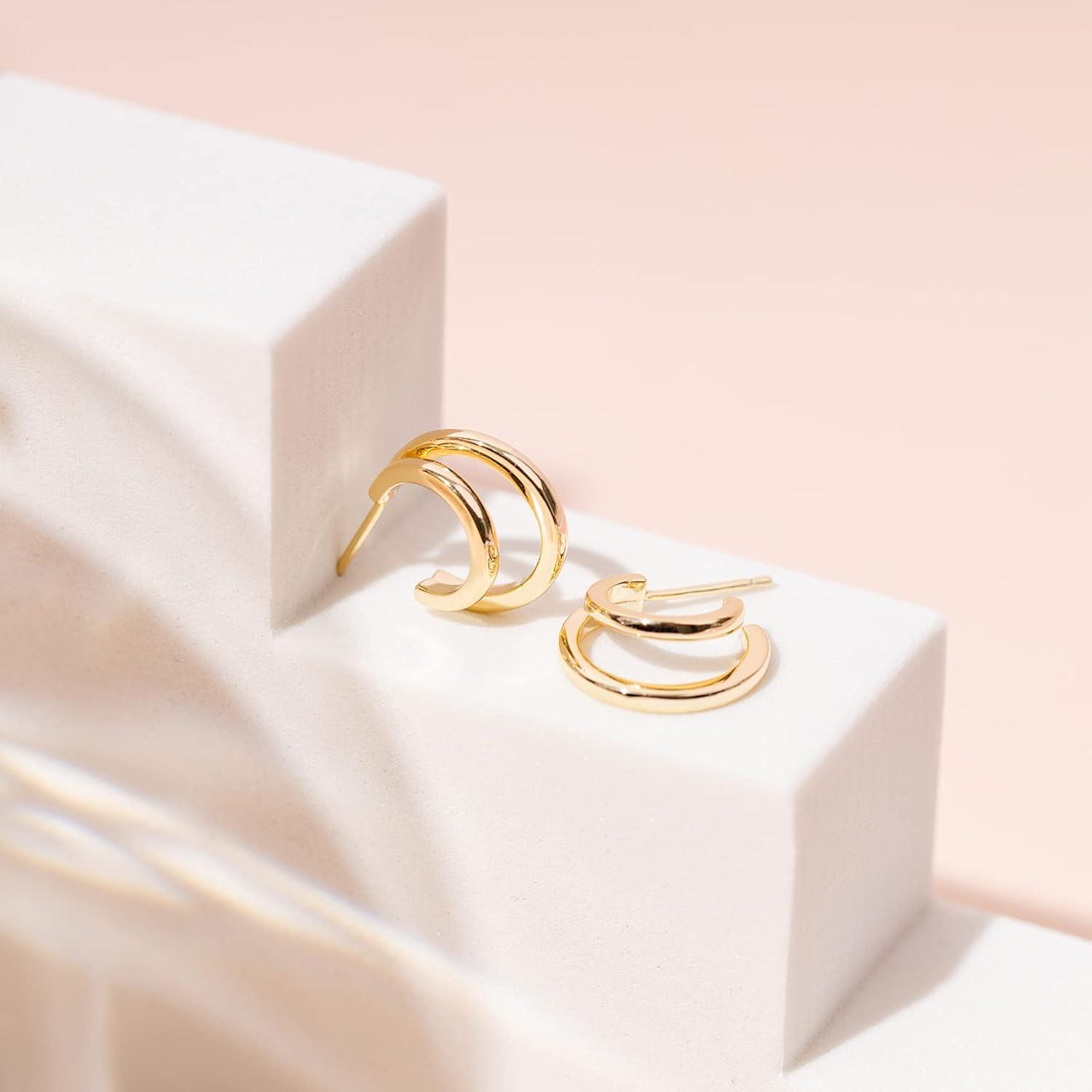 imagePAVOI 14K Gold Plated Multi Huggie Hoop Earrings for Women 925 Sterling Silver Posts Triple Split Hoop Gold Earrings for Women Trendy Fashion JewelryDouble
