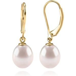 PAVOI Handpicked AAA+ Quality Freshwater Cultured Pearl Earrings Leverback Dangle Stud Pearl Earrings(Yellow Gold)