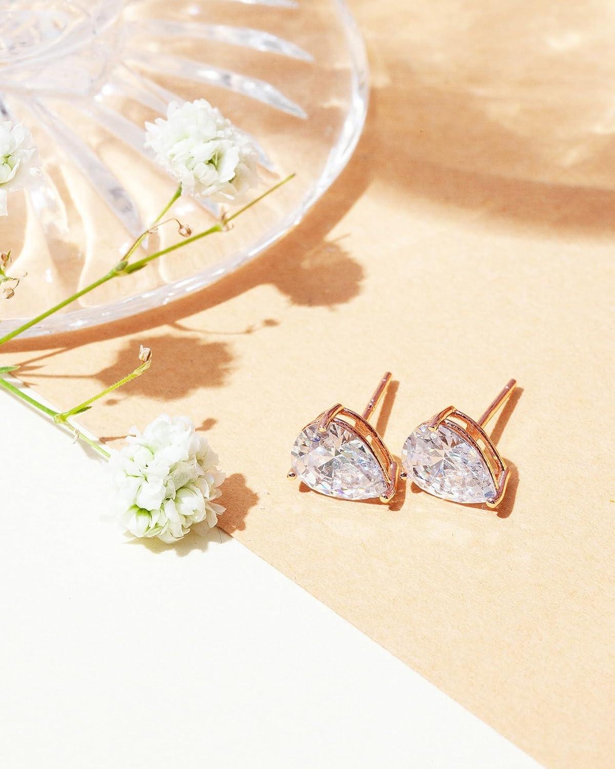 imagePAVOI 14K Gold Plated 925 Sterling Silver Cubic Zirconia Stud Earrings for Women Simulated Diamond CZ EarringsRose Gold