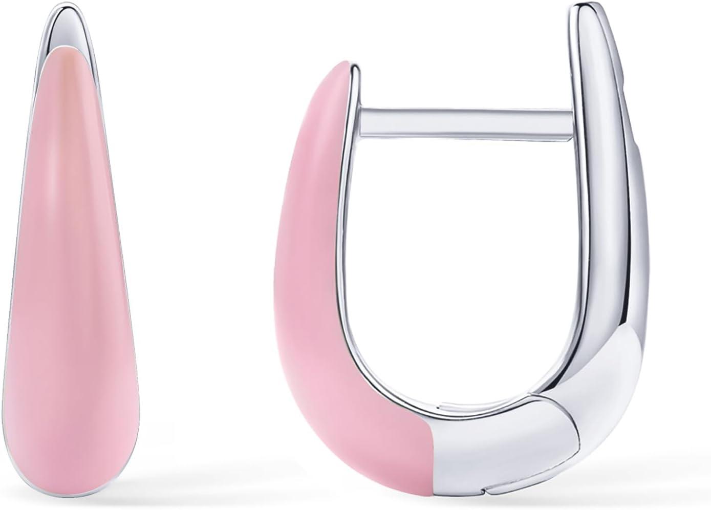 imagePAVOI 14K Gold Plated 925 Sterling Silver Post Earrings for Women Colored Enamel Cubic Zirconia Huggie Hoop Earrings Blue Pink Purple White JewelryWhite Gold Pink Enamel