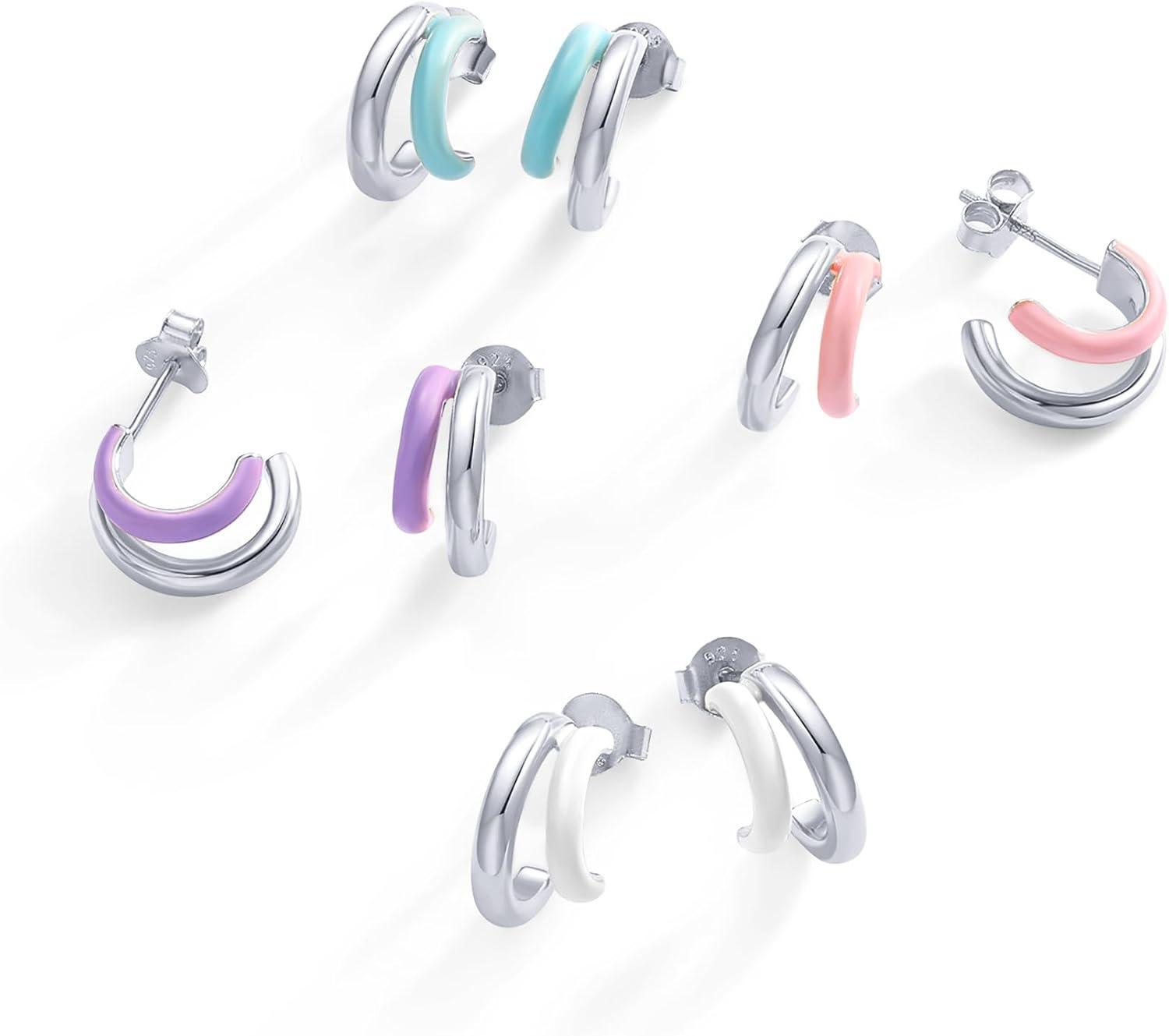 imagePAVOI 14K Gold Plated 925 Sterling Silver Post Earrings for Women Colored Enamel Cubic Zirconia Huggie Hoop Earrings Blue Pink Purple White JewelryWhite Gold Pink Enamel