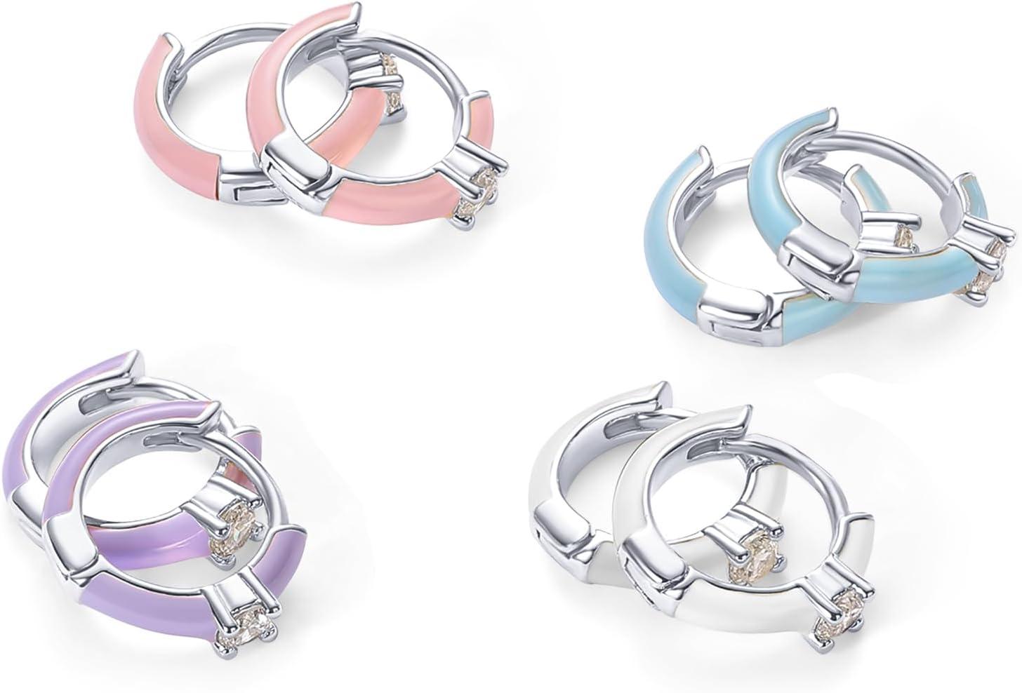 imagePAVOI 14K Gold Plated 925 Sterling Silver Post Earrings for Women Colored Enamel Cubic Zirconia Huggie Hoop Earrings Blue Pink Purple White JewelryWhite Gold Pink Enamel