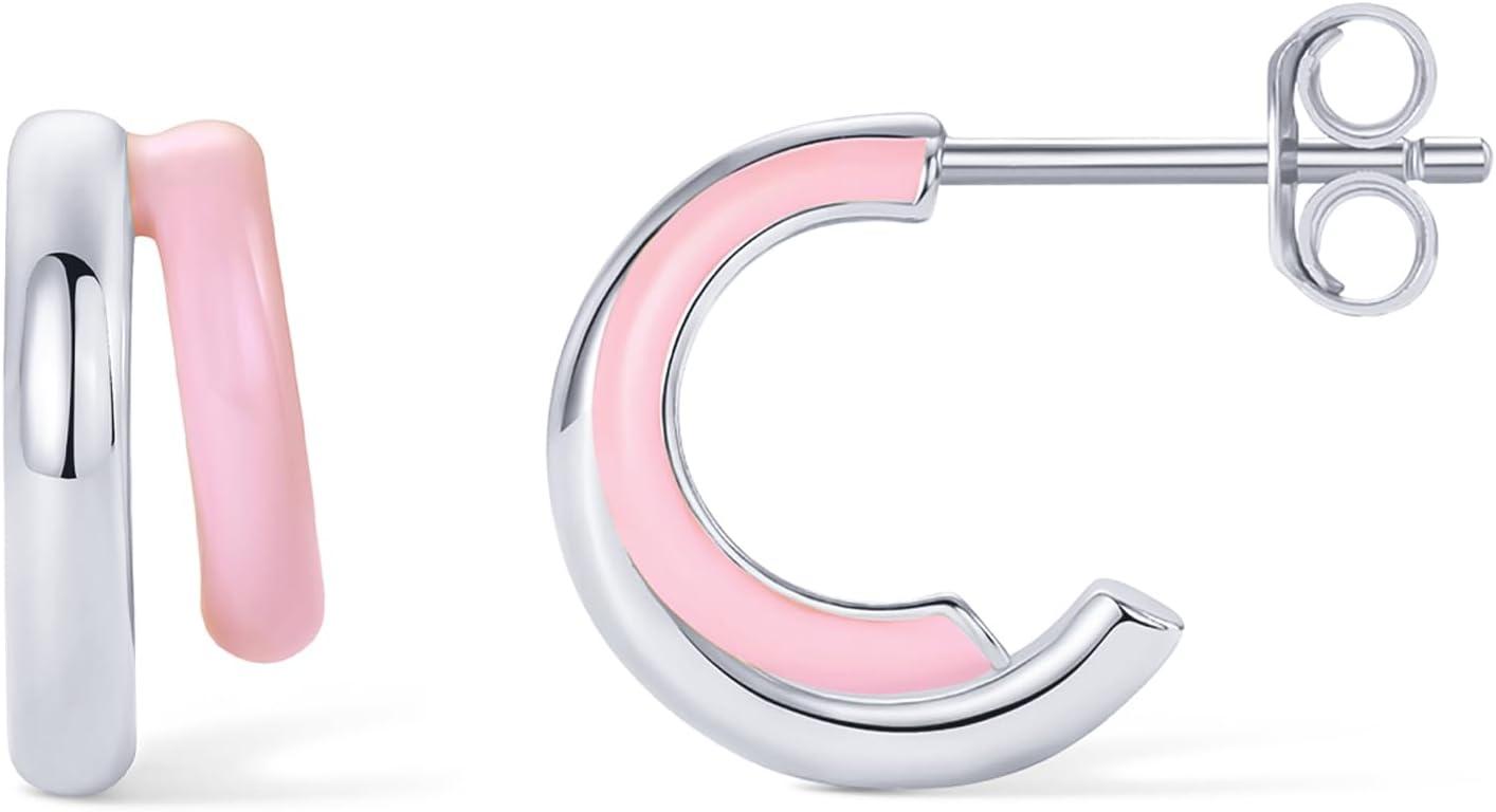 imagePAVOI 14K Gold Plated 925 Sterling Silver Post Earrings for Women Colored Enamel Cubic Zirconia Huggie Hoop Earrings Blue Pink Purple White JewelryWhite Gold Pink Enamel