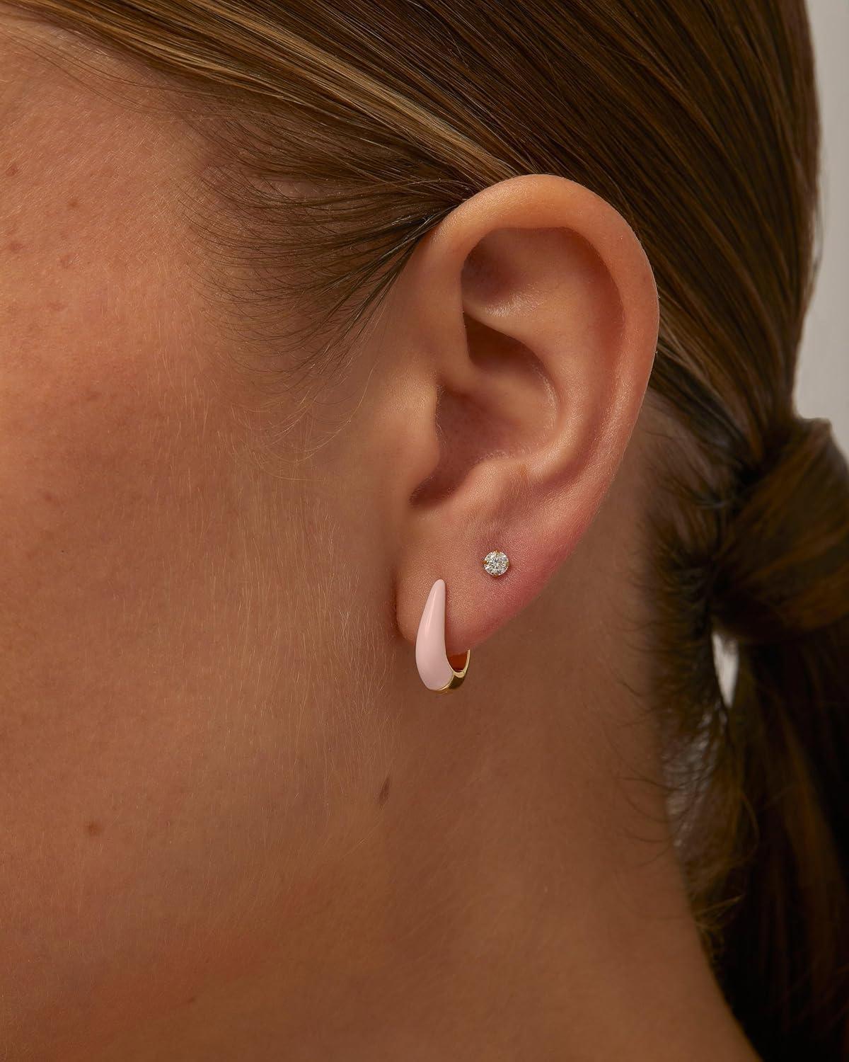 imagePAVOI 14K Gold Plated 925 Sterling Silver Post Earrings for Women Colored Enamel Cubic Zirconia Huggie Hoop Earrings Blue Pink Purple White JewelryWhite Gold Pink Enamel