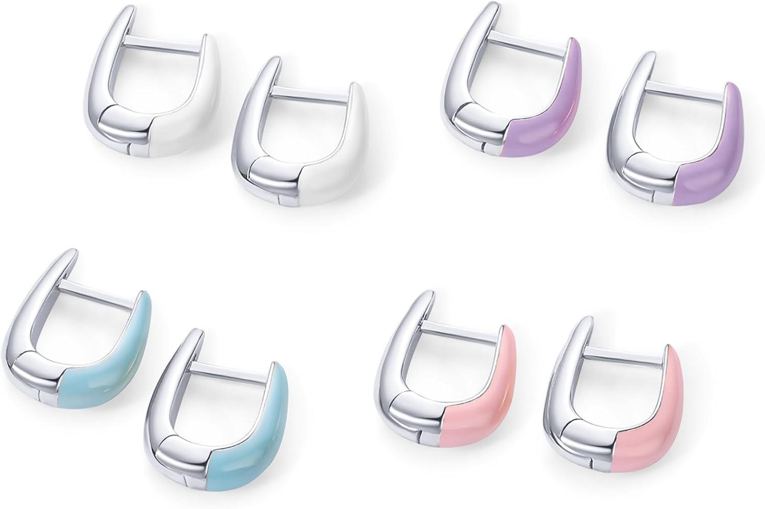 imagePAVOI 14K Gold Plated 925 Sterling Silver Post Earrings for Women Colored Enamel Cubic Zirconia Huggie Hoop Earrings Blue Pink Purple White JewelryWhite Gold Pink Enamel