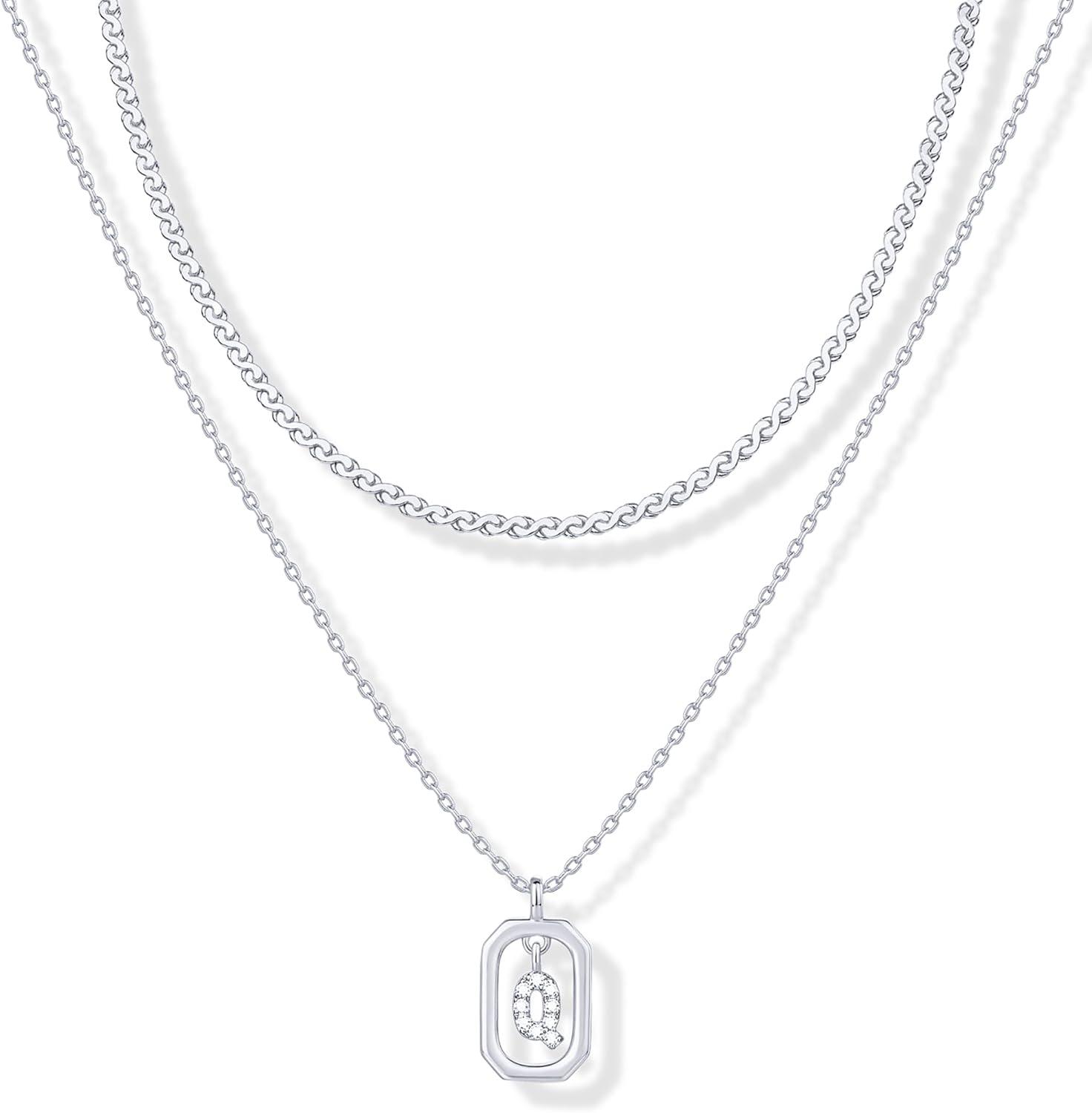 imagePAVOI 14K Gold Plated Cubic Zirconia Letter Pendant Layered Necklace Framed Initial Letter Cable Singapore Chains Layering Necklaces for WomenWhite Gold