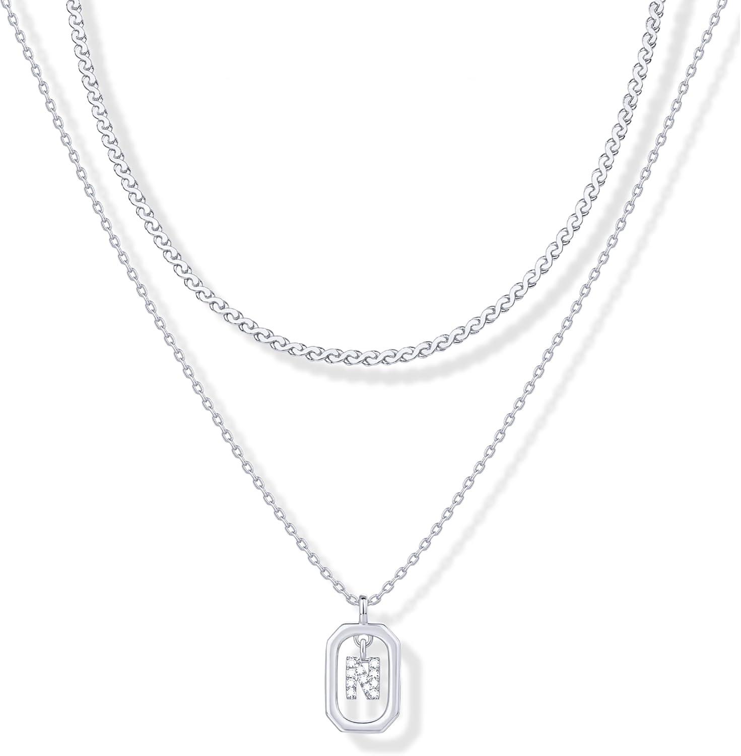 imagePAVOI 14K Gold Plated Cubic Zirconia Letter Pendant Layered Necklace Framed Initial Letter Cable Singapore Chains Layering Necklaces for WomenWhite Gold