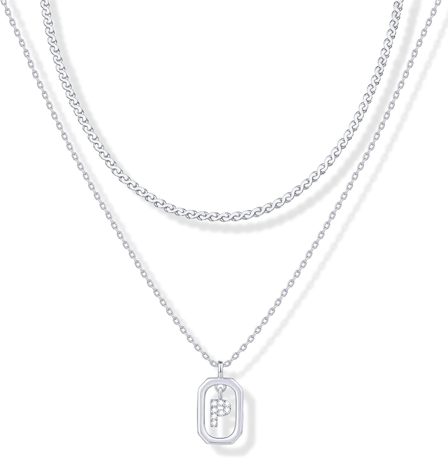 imagePAVOI 14K Gold Plated Cubic Zirconia Letter Pendant Layered Necklace Framed Initial Letter Cable Singapore Chains Layering Necklaces for WomenWhite Gold