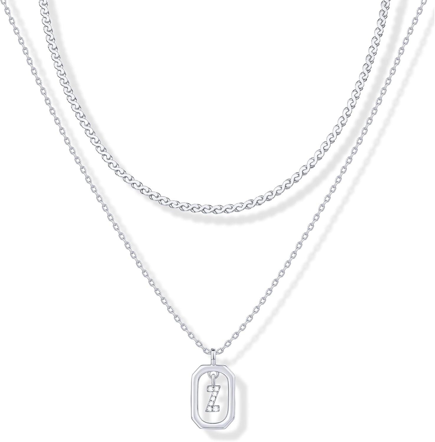 imagePAVOI 14K Gold Plated Cubic Zirconia Letter Pendant Layered Necklace Framed Initial Letter Cable Singapore Chains Layering Necklaces for WomenWhite Gold