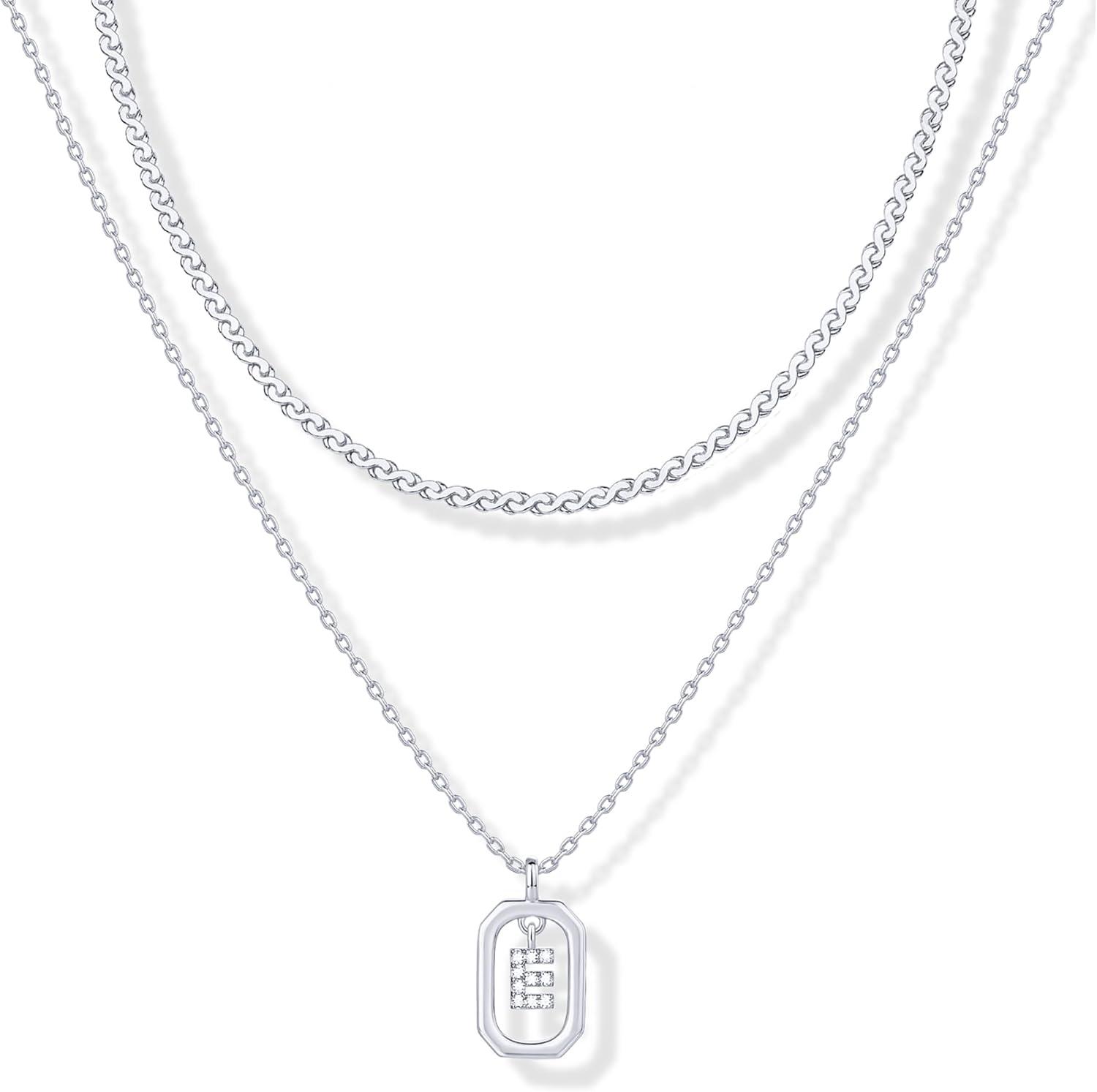 imagePAVOI 14K Gold Plated Cubic Zirconia Letter Pendant Layered Necklace Framed Initial Letter Cable Singapore Chains Layering Necklaces for WomenWhite Gold
