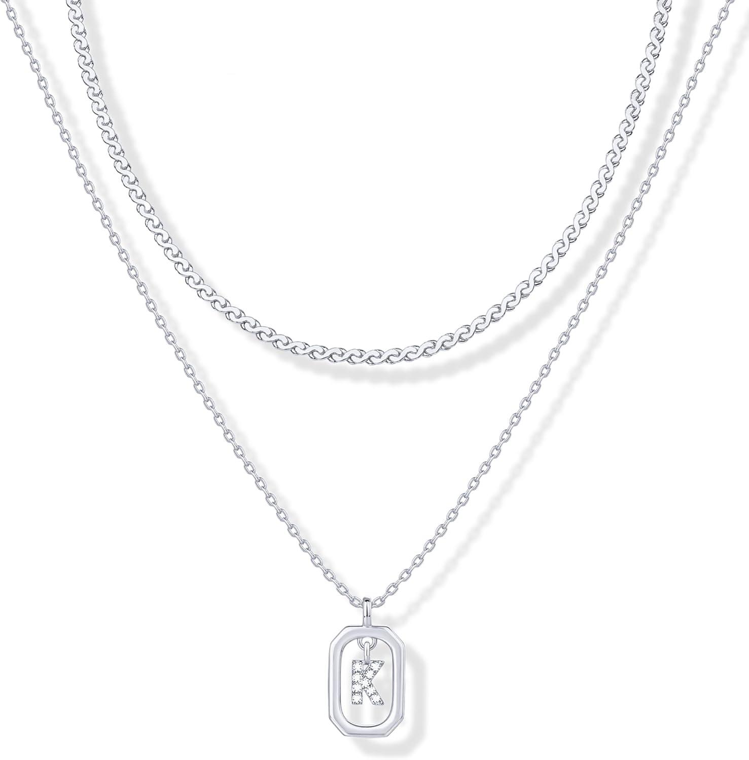 imagePAVOI 14K Gold Plated Cubic Zirconia Letter Pendant Layered Necklace Framed Initial Letter Cable Singapore Chains Layering Necklaces for WomenWhite Gold