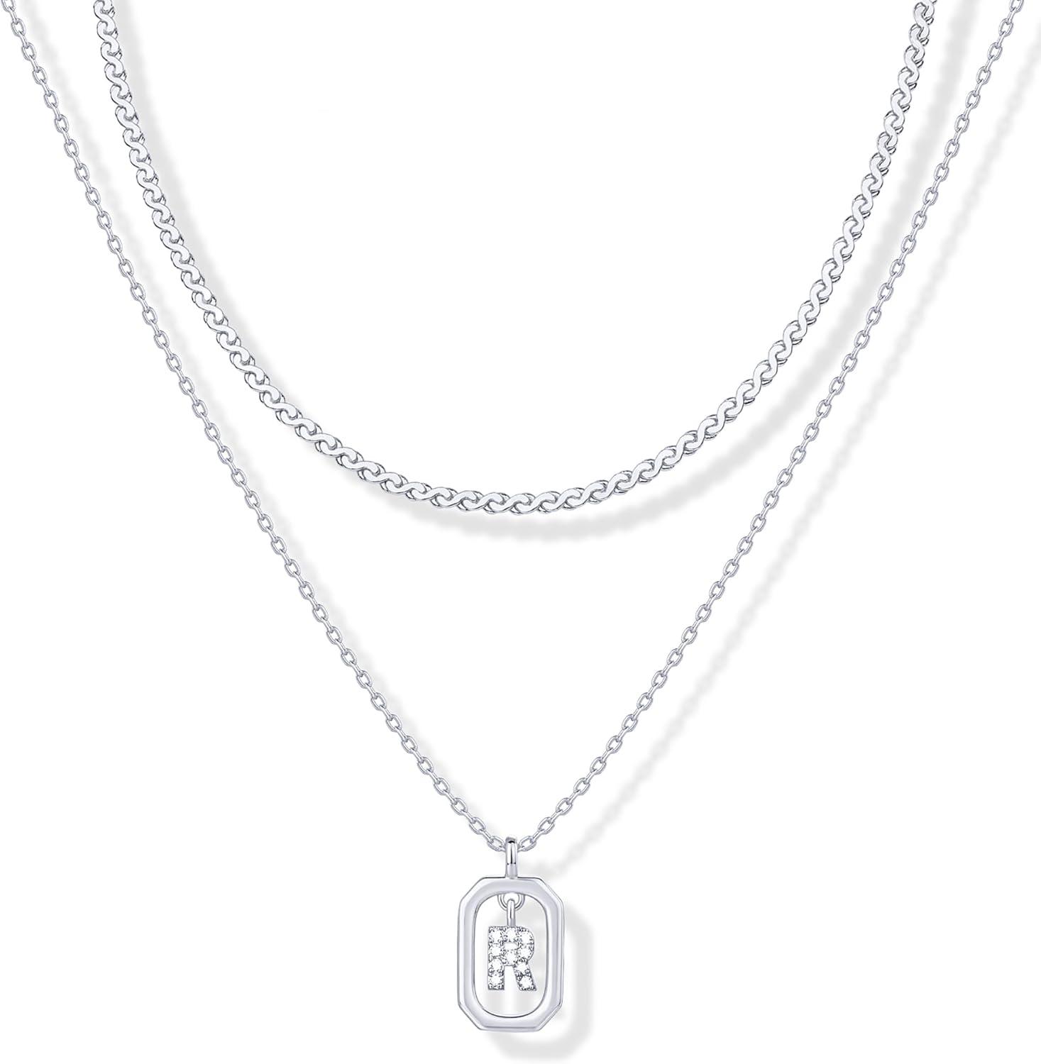 imagePAVOI 14K Gold Plated Cubic Zirconia Letter Pendant Layered Necklace Framed Initial Letter Cable Singapore Chains Layering Necklaces for WomenWhite Gold