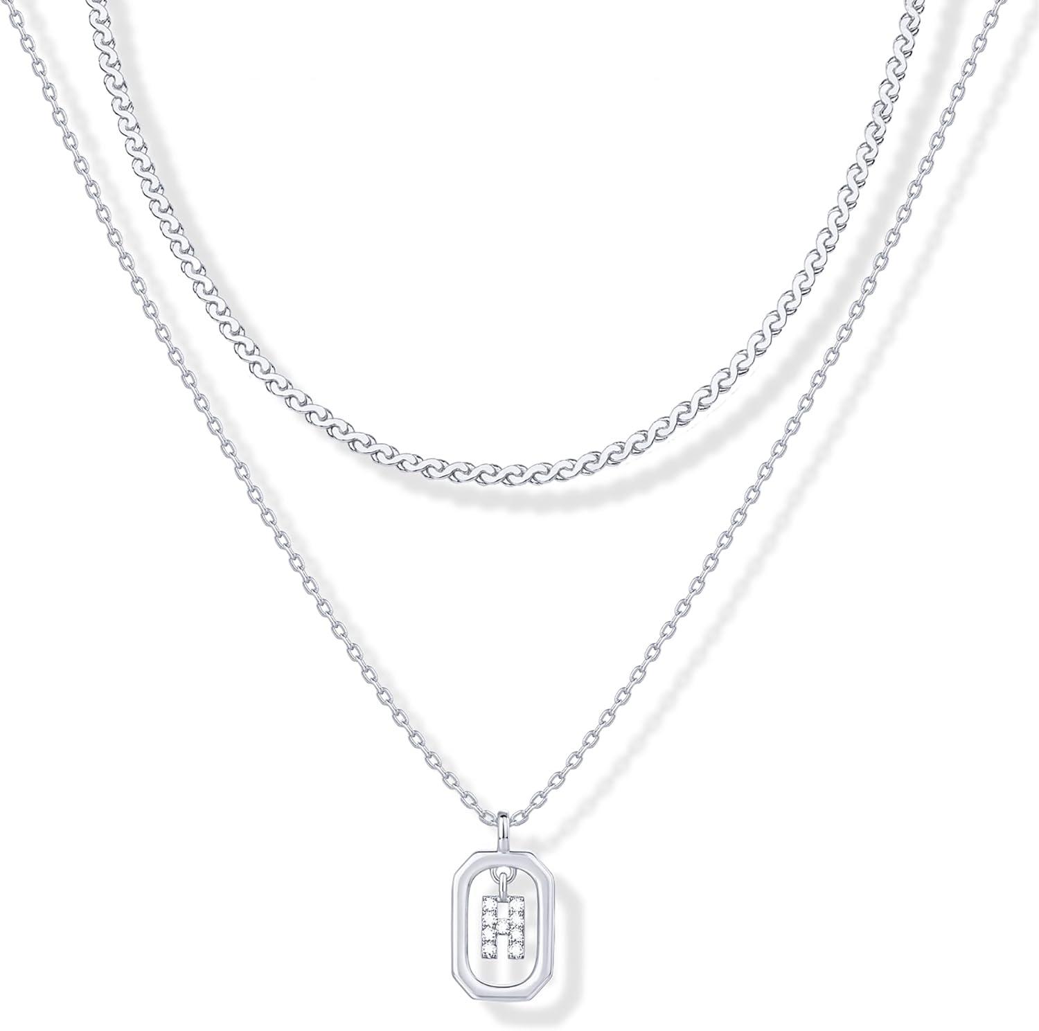 imagePAVOI 14K Gold Plated Cubic Zirconia Letter Pendant Layered Necklace Framed Initial Letter Cable Singapore Chains Layering Necklaces for WomenWhite Gold