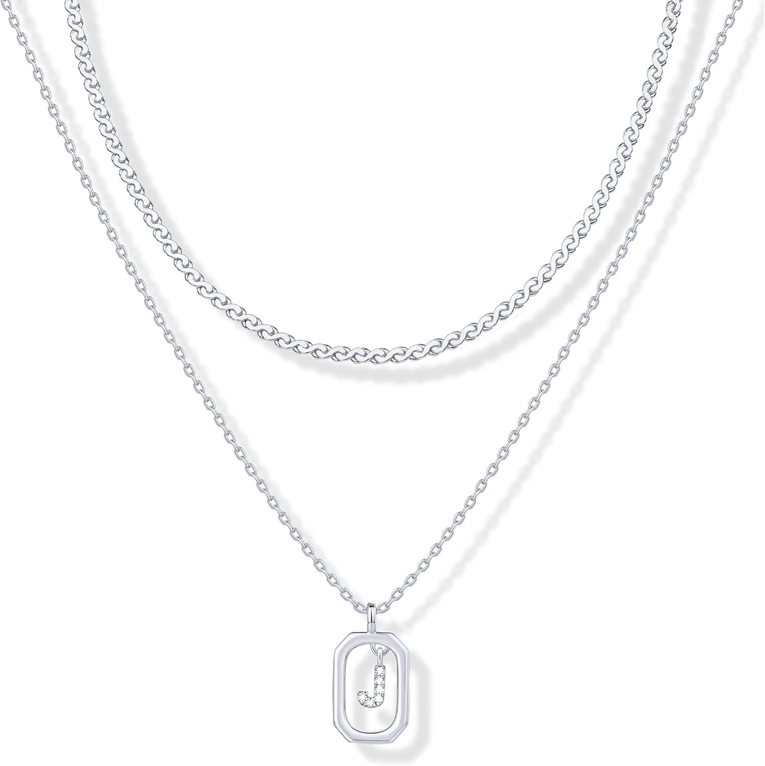 imagePAVOI 14K Gold Plated Cubic Zirconia Letter Pendant Layered Necklace Framed Initial Letter Cable Singapore Chains Layering Necklaces for WomenWhite Gold