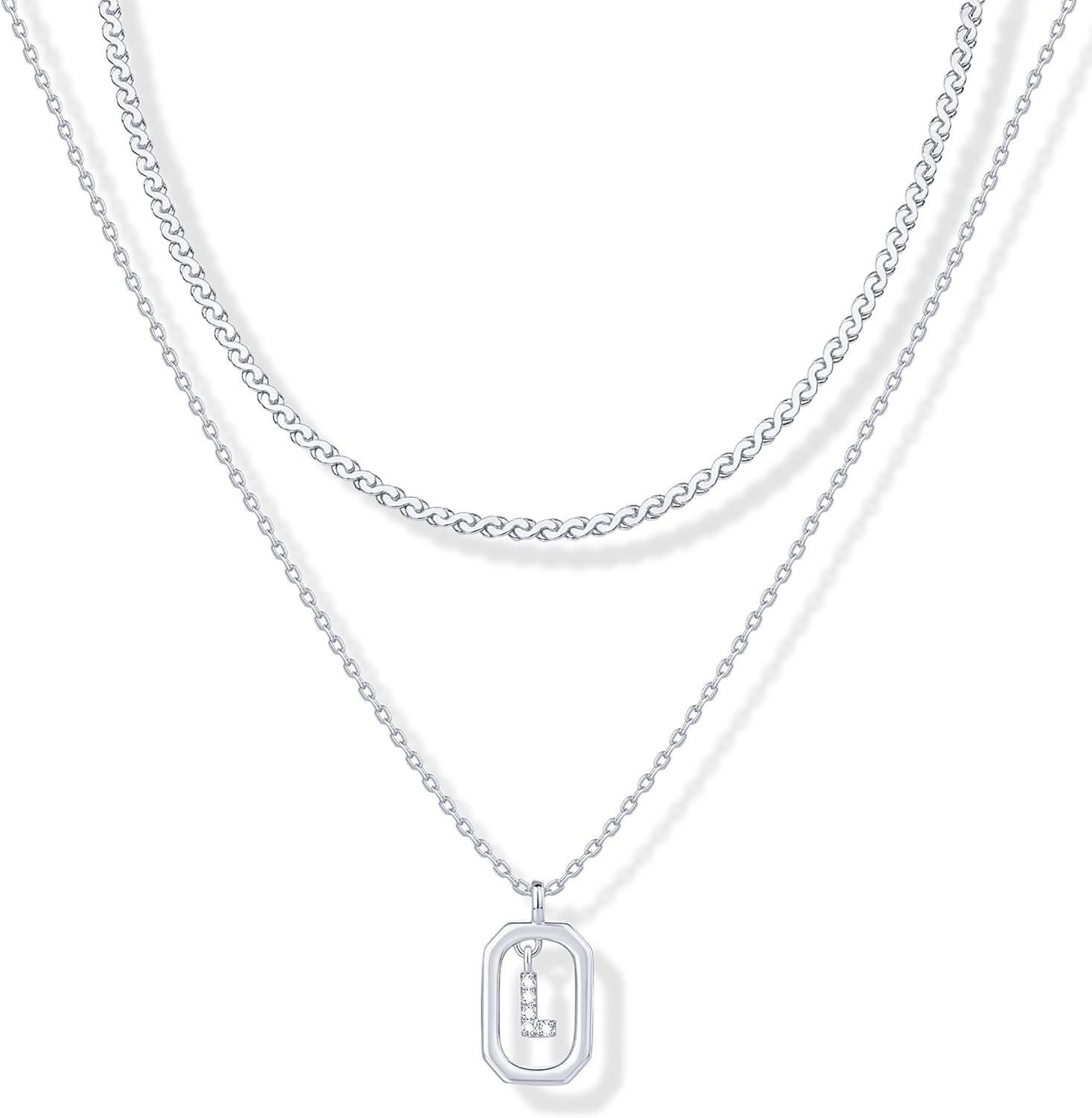 imagePAVOI 14K Gold Plated Cubic Zirconia Letter Pendant Layered Necklace Framed Initial Letter Cable Singapore Chains Layering Necklaces for WomenWhite Gold