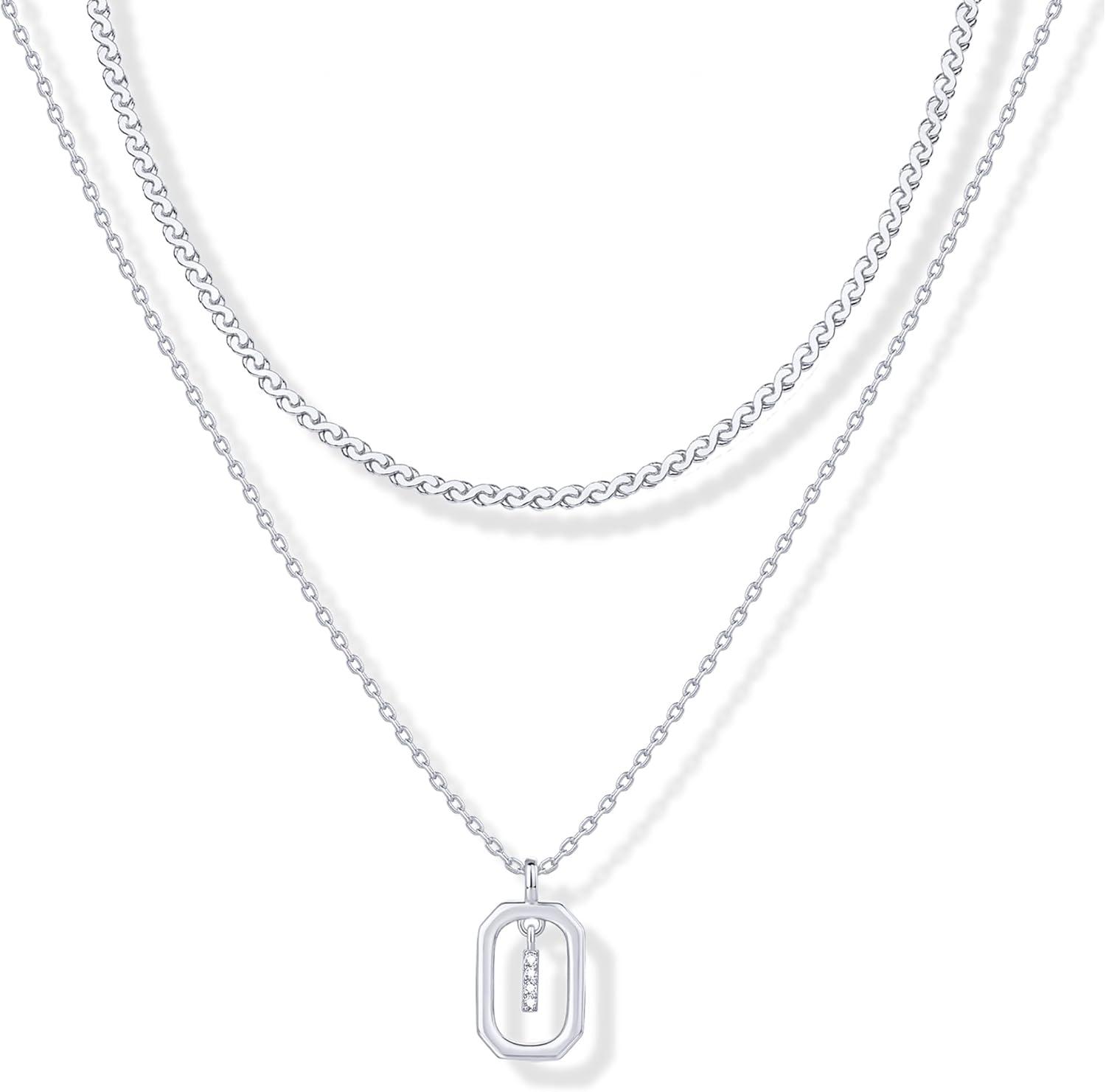 imagePAVOI 14K Gold Plated Cubic Zirconia Letter Pendant Layered Necklace Framed Initial Letter Cable Singapore Chains Layering Necklaces for WomenWhite Gold