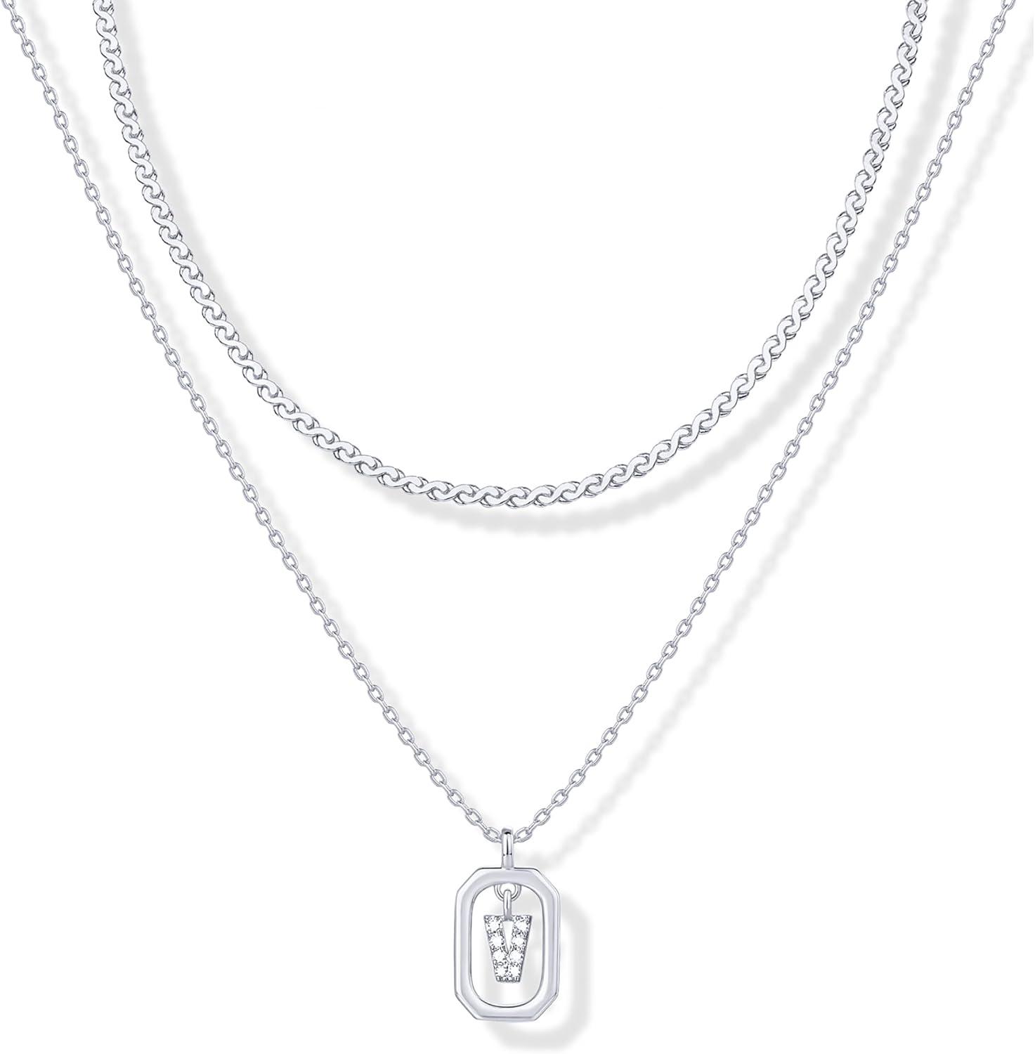 imagePAVOI 14K Gold Plated Cubic Zirconia Letter Pendant Layered Necklace Framed Initial Letter Cable Singapore Chains Layering Necklaces for WomenWhite Gold