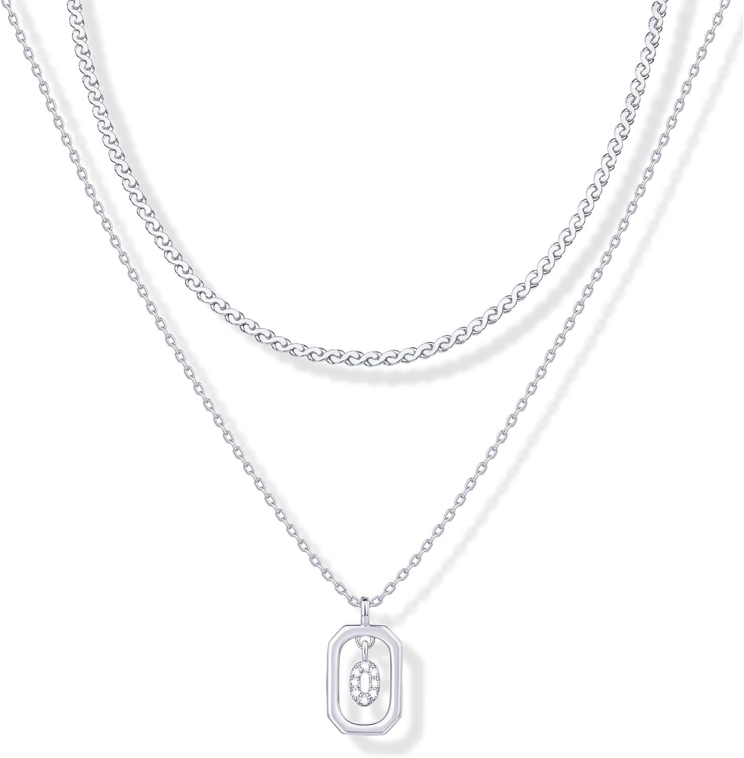 imagePAVOI 14K Gold Plated Cubic Zirconia Letter Pendant Layered Necklace Framed Initial Letter Cable Singapore Chains Layering Necklaces for WomenWhite Gold