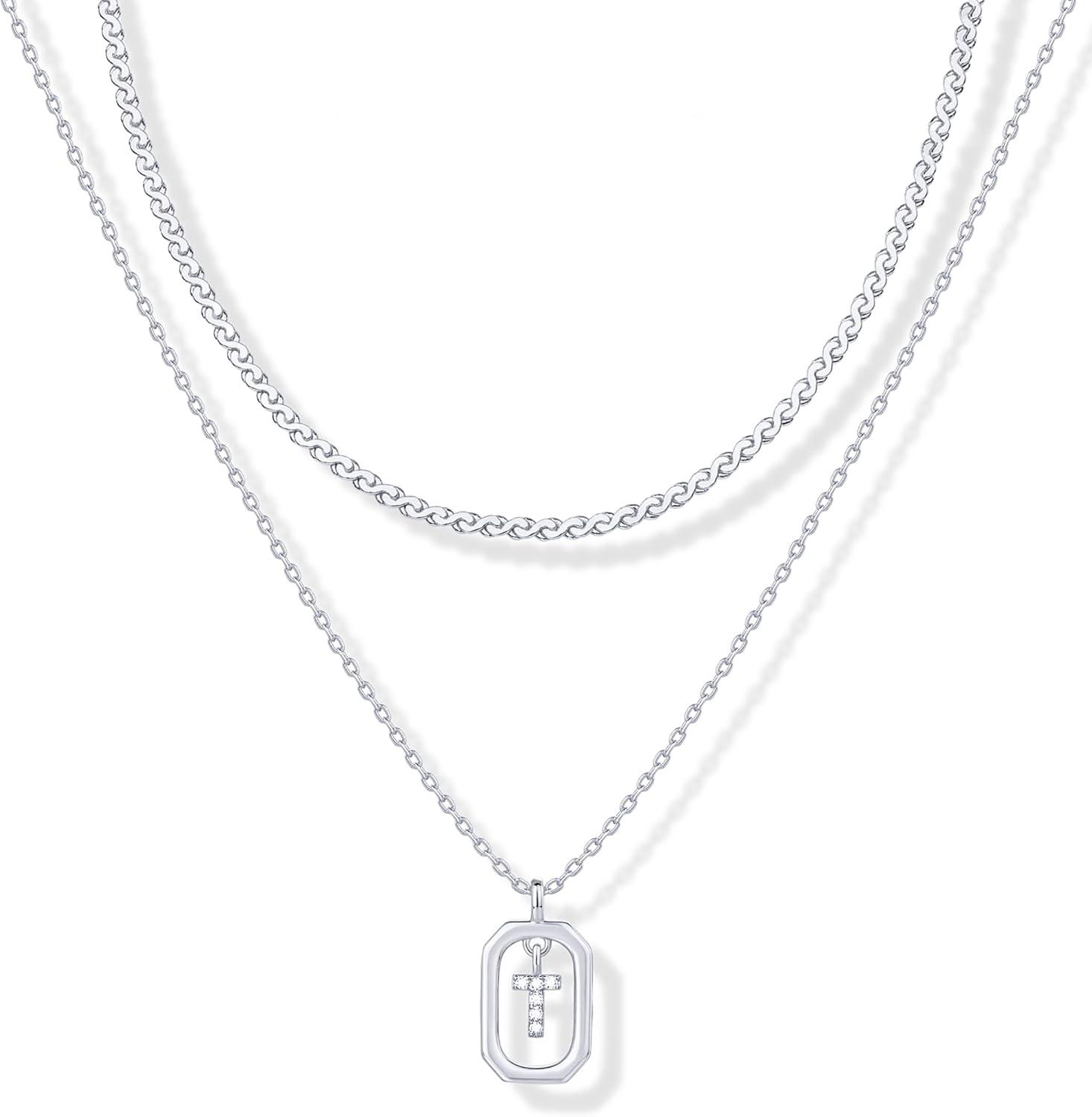 imagePAVOI 14K Gold Plated Cubic Zirconia Letter Pendant Layered Necklace Framed Initial Letter Cable Singapore Chains Layering Necklaces for WomenWhite Gold
