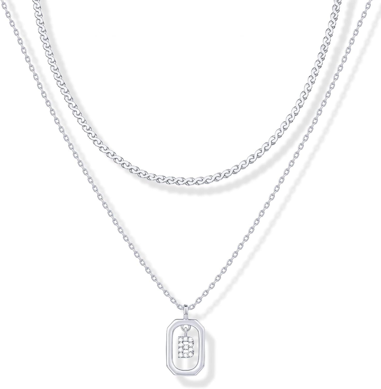 imagePAVOI 14K Gold Plated Cubic Zirconia Letter Pendant Layered Necklace Framed Initial Letter Cable Singapore Chains Layering Necklaces for WomenWhite Gold