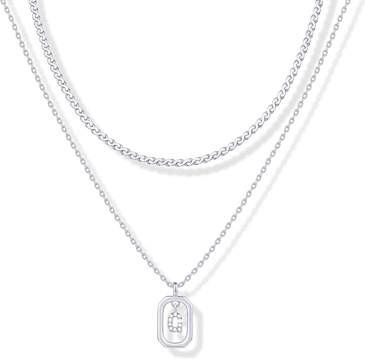 imagePAVOI 14K Gold Plated Cubic Zirconia Letter Pendant Layered Necklace Framed Initial Letter Cable Singapore Chains Layering Necklaces for WomenWhite Gold