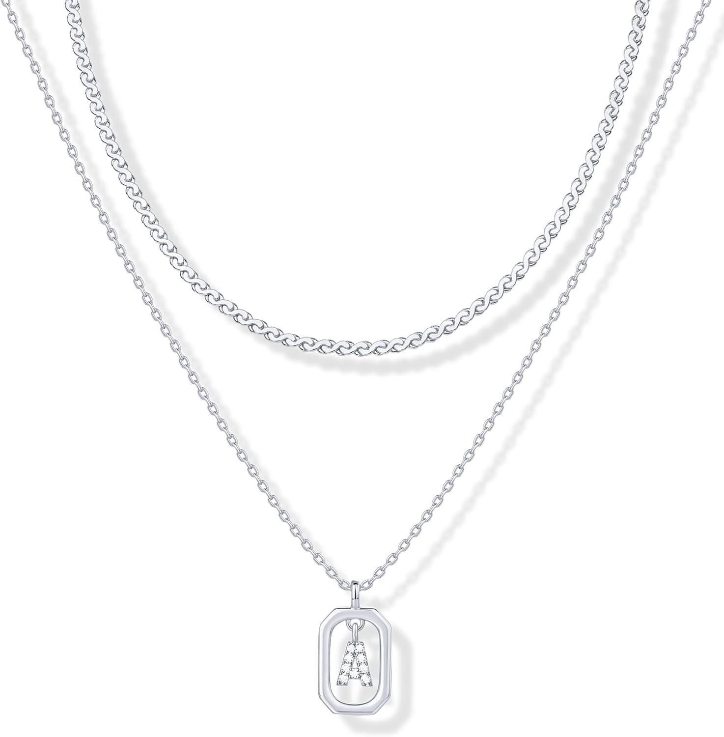 imagePAVOI 14K Gold Plated Cubic Zirconia Letter Pendant Layered Necklace Framed Initial Letter Cable Singapore Chains Layering Necklaces for WomenWhite Gold
