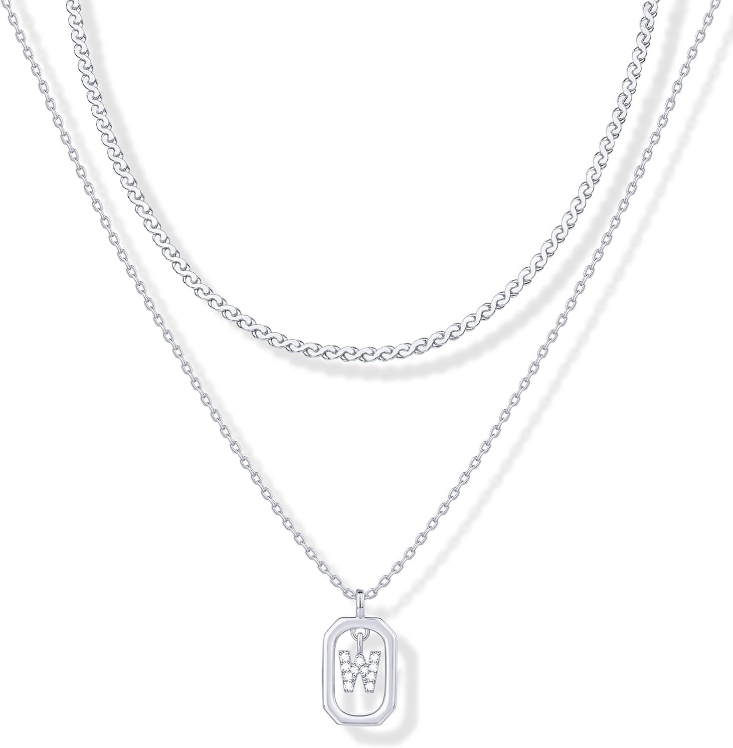 imagePAVOI 14K Gold Plated Cubic Zirconia Letter Pendant Layered Necklace Framed Initial Letter Cable Singapore Chains Layering Necklaces for WomenWhite Gold