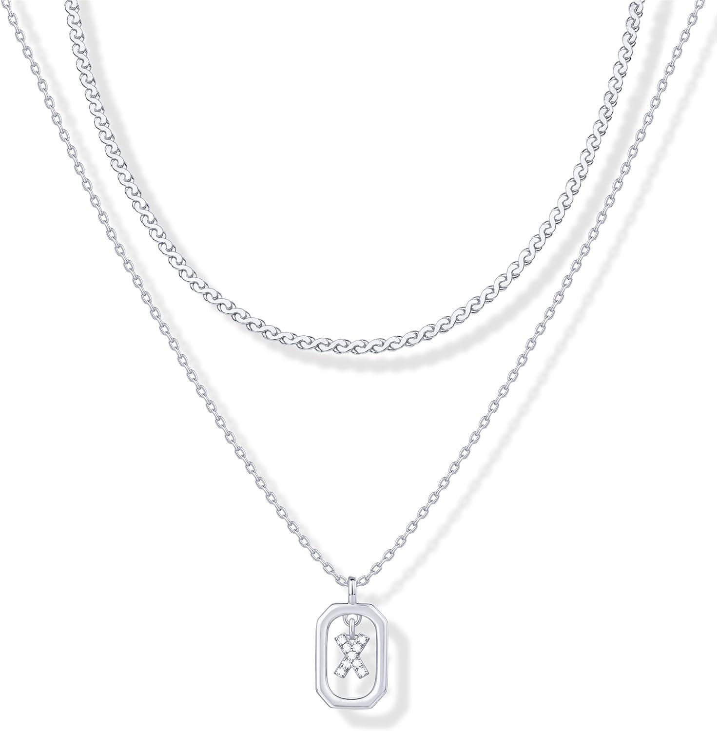imagePAVOI 14K Gold Plated Cubic Zirconia Letter Pendant Layered Necklace Framed Initial Letter Cable Singapore Chains Layering Necklaces for WomenWhite Gold