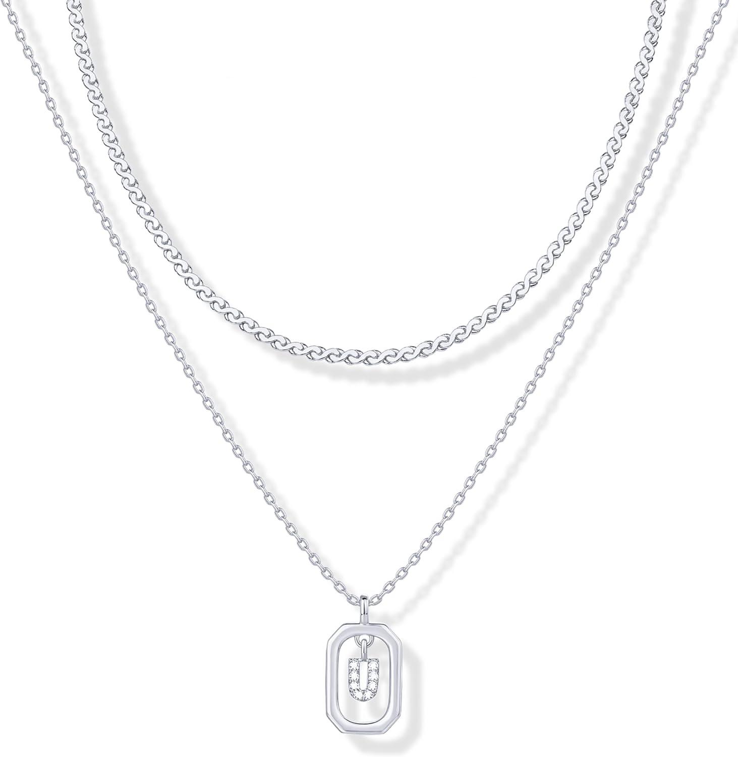 imagePAVOI 14K Gold Plated Cubic Zirconia Letter Pendant Layered Necklace Framed Initial Letter Cable Singapore Chains Layering Necklaces for WomenWhite Gold