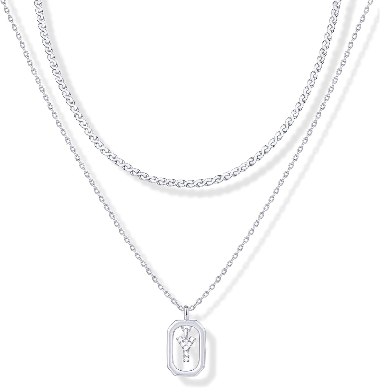 imagePAVOI 14K Gold Plated Cubic Zirconia Letter Pendant Layered Necklace Framed Initial Letter Cable Singapore Chains Layering Necklaces for WomenWhite Gold