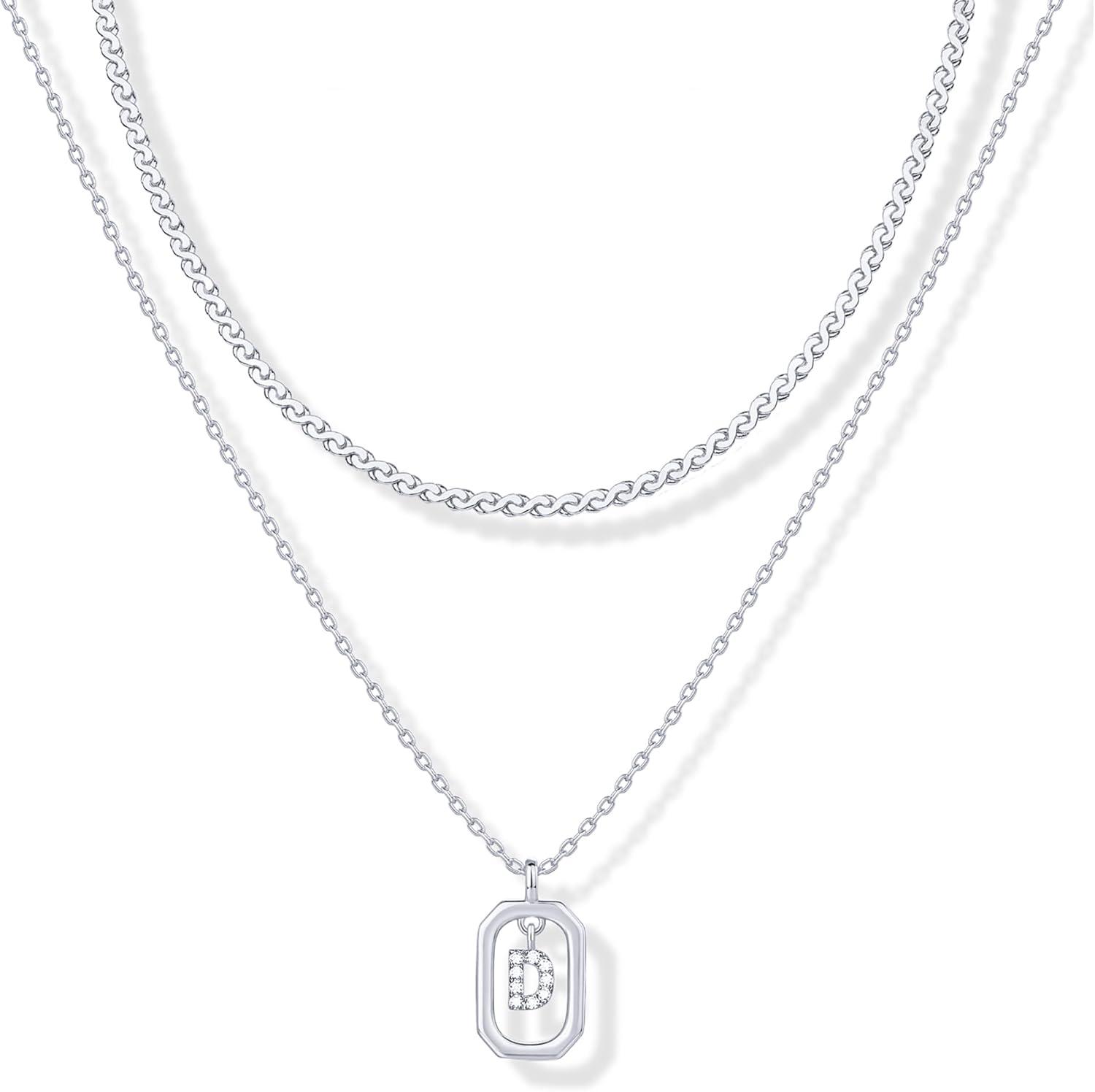 imagePAVOI 14K Gold Plated Cubic Zirconia Letter Pendant Layered Necklace Framed Initial Letter Cable Singapore Chains Layering Necklaces for WomenWhite Gold