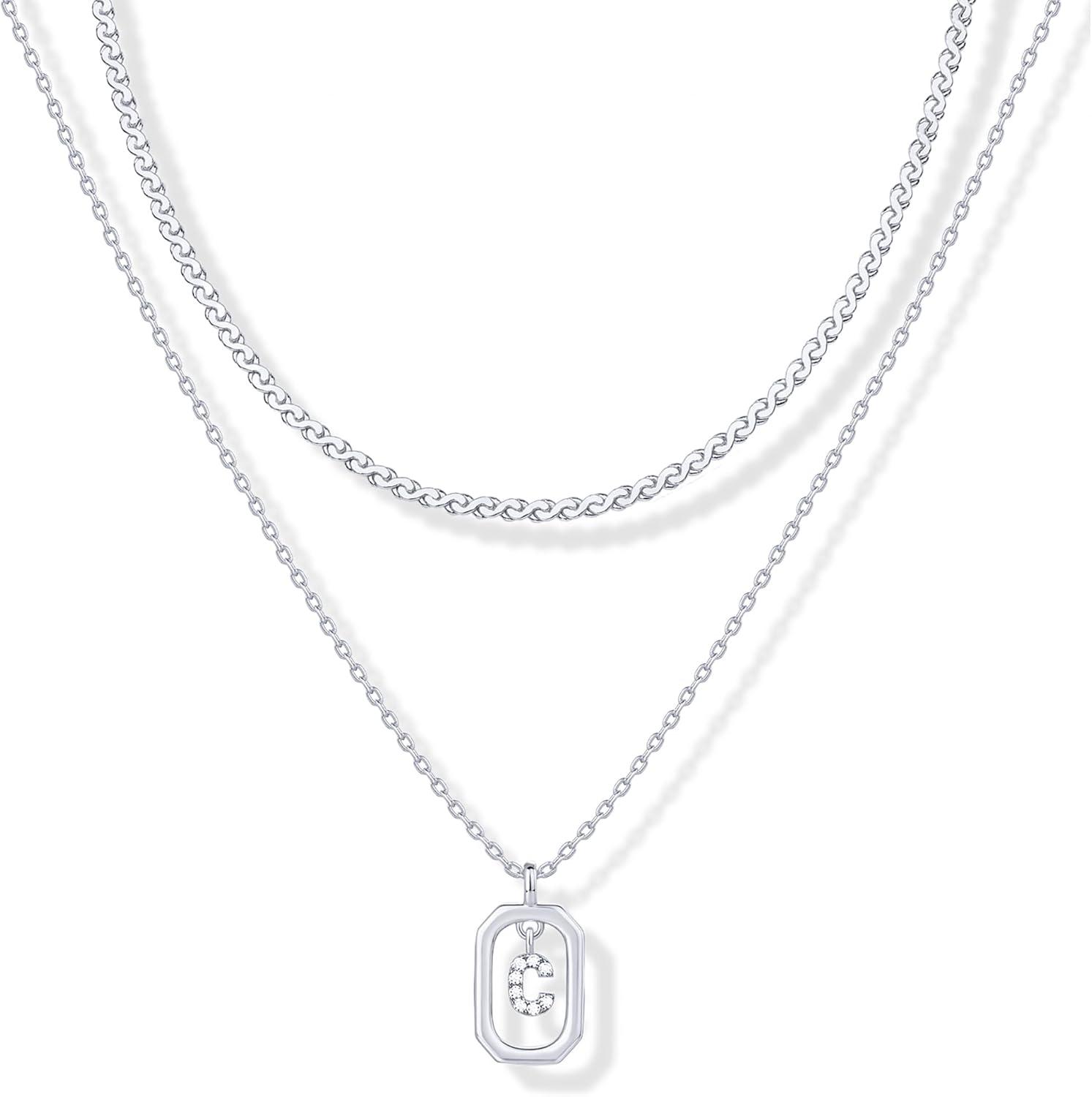 imagePAVOI 14K Gold Plated Cubic Zirconia Letter Pendant Layered Necklace Framed Initial Letter Cable Singapore Chains Layering Necklaces for WomenWhite Gold