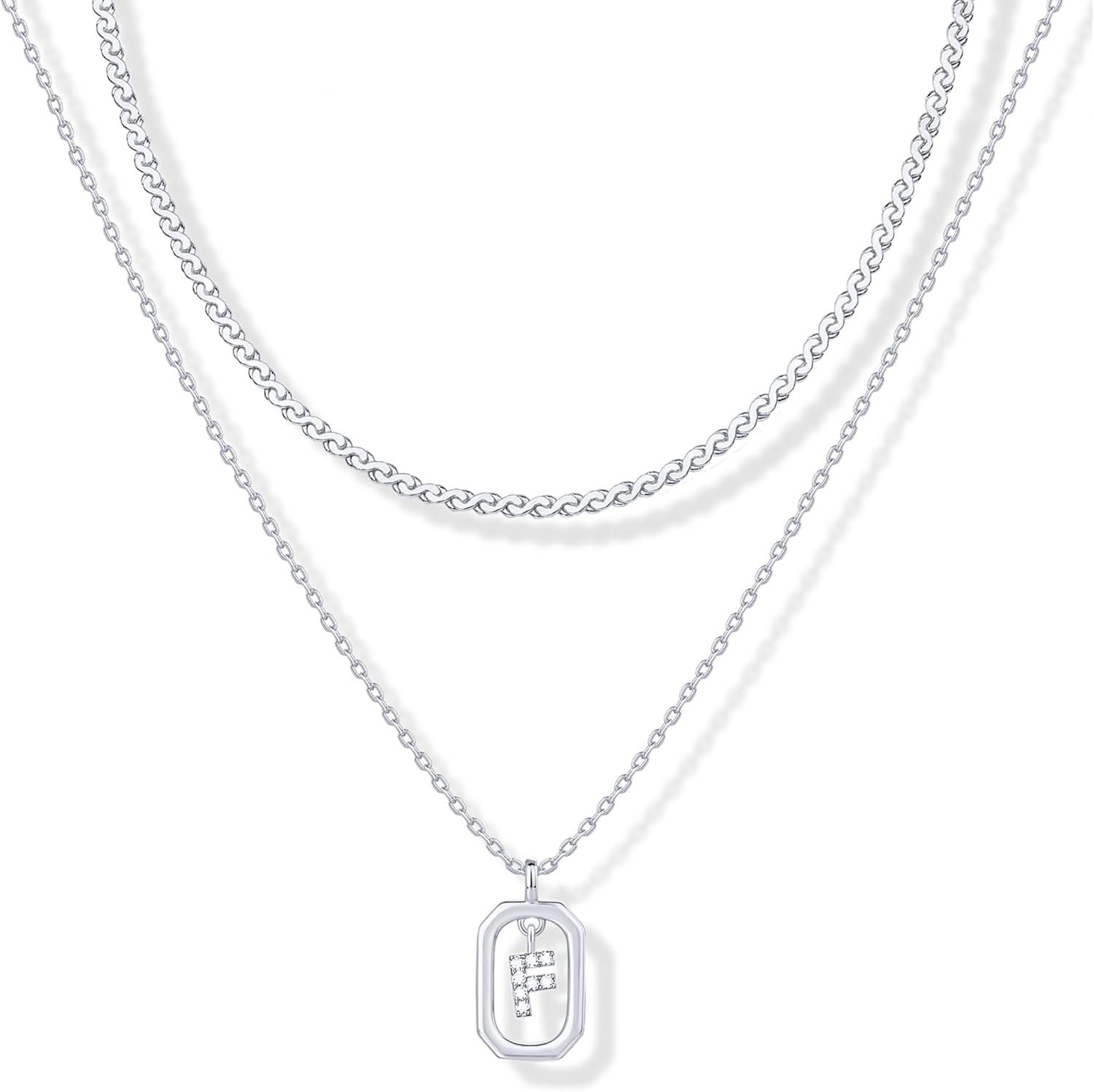 imagePAVOI 14K Gold Plated Cubic Zirconia Letter Pendant Layered Necklace Framed Initial Letter Cable Singapore Chains Layering Necklaces for WomenWhite Gold