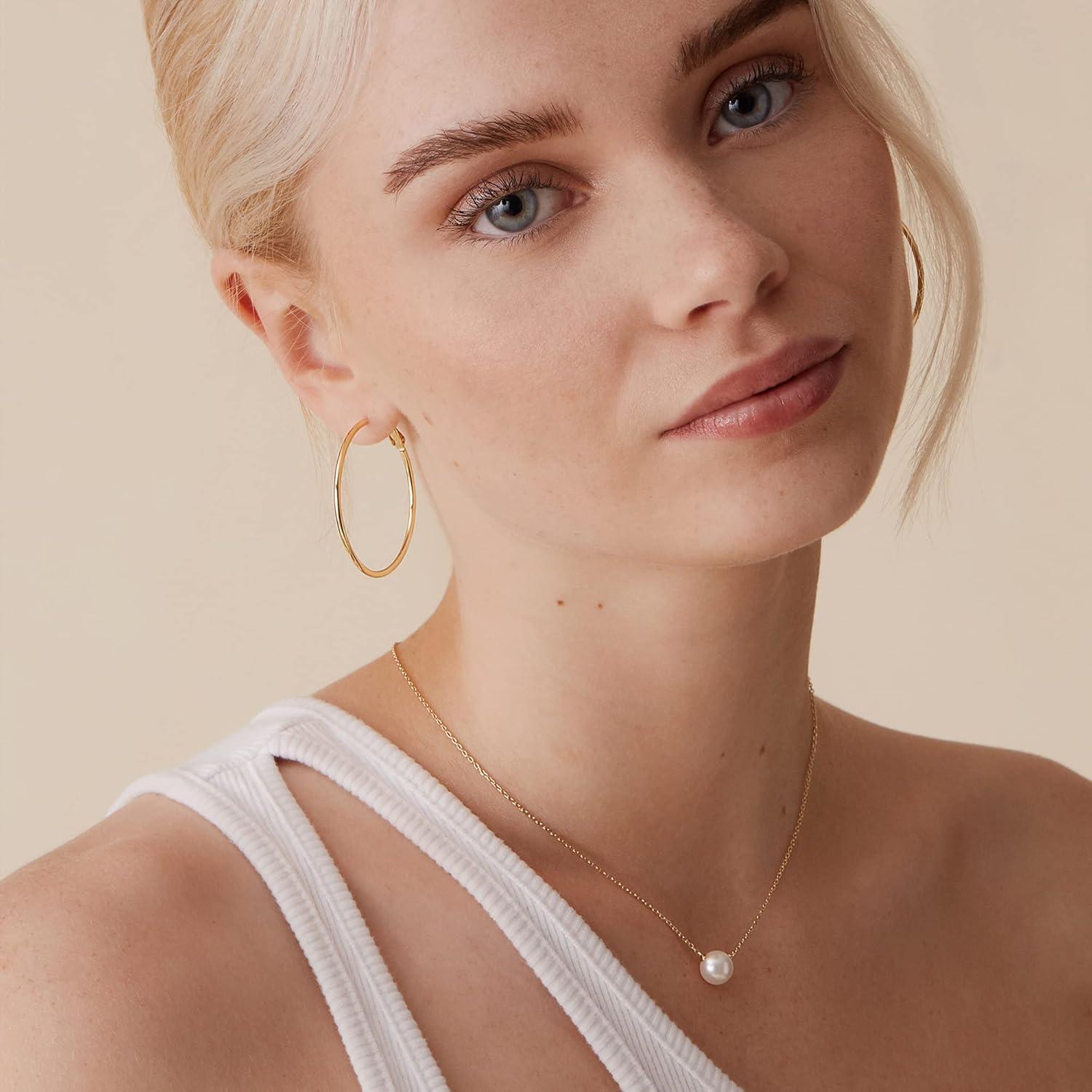 imagePAVOI 14K Gold Plated 925 Sterling Silver Post Hoops Large Hoops Earring Lightwight Gold Hoop Earrings for WomenWhite Gold