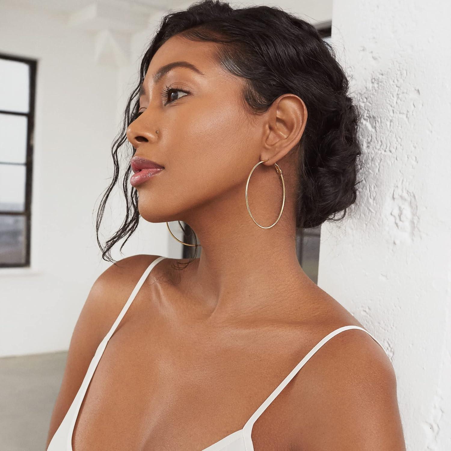 imagePAVOI 14K Gold Plated 925 Sterling Silver Post Hoops Large Hoops Earring Lightwight Gold Hoop Earrings for WomenWhite Gold
