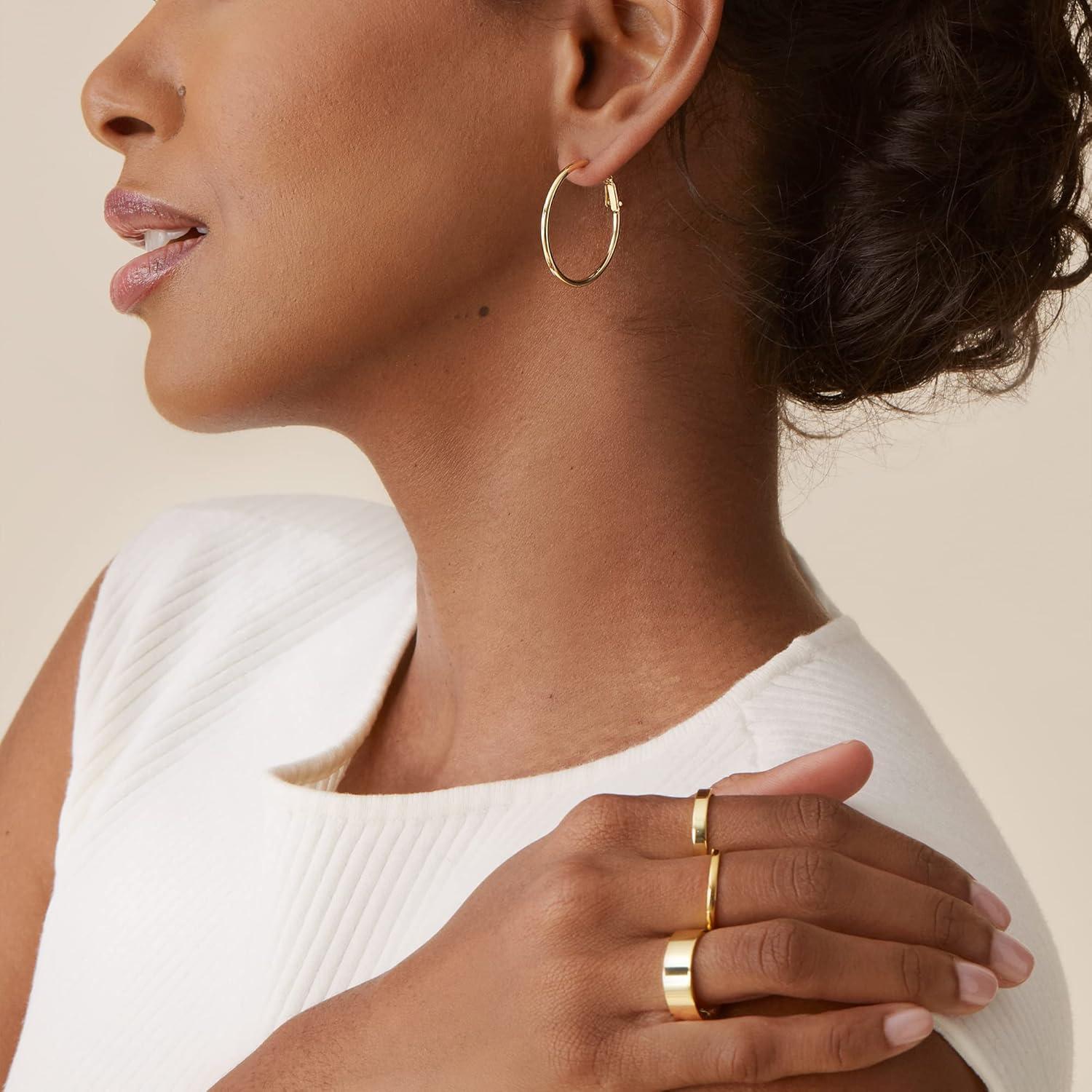 imagePAVOI 14K Gold Plated 925 Sterling Silver Post Hoops Large Hoops Earring Lightwight Gold Hoop Earrings for WomenWhite Gold