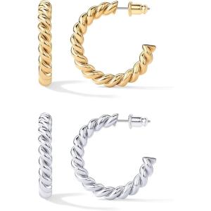 PAVOI 14K Gold Plated Twisted Rope Round Hoop Earrings in Rose, White and Yellow Gold(Pack White/Yellow)