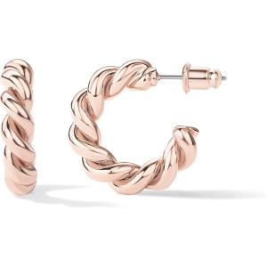 PAVOI 14K Gold Plated Twisted Rope Round Hoop Earrings in Rose, White and Yellow Gold(Rose Gold)