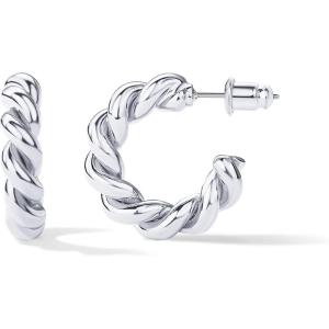 PAVOI 14K Gold Plated Twisted Rope Round Hoop Earrings in Rose, White and Yellow Gold(White Gold)