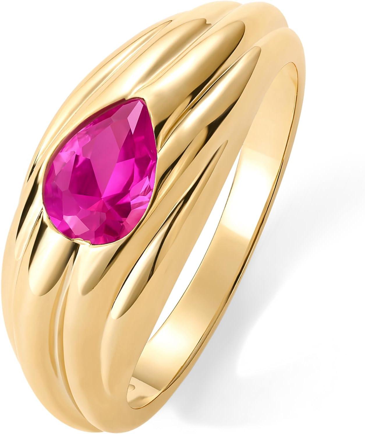 imagePAVOI 14K Gold Plated Chunky Colored Gemstones Statement Ring for Women Blue Pink Green Pear Cubic Zirconia Stackable Wave Texture BandsYellow Gold