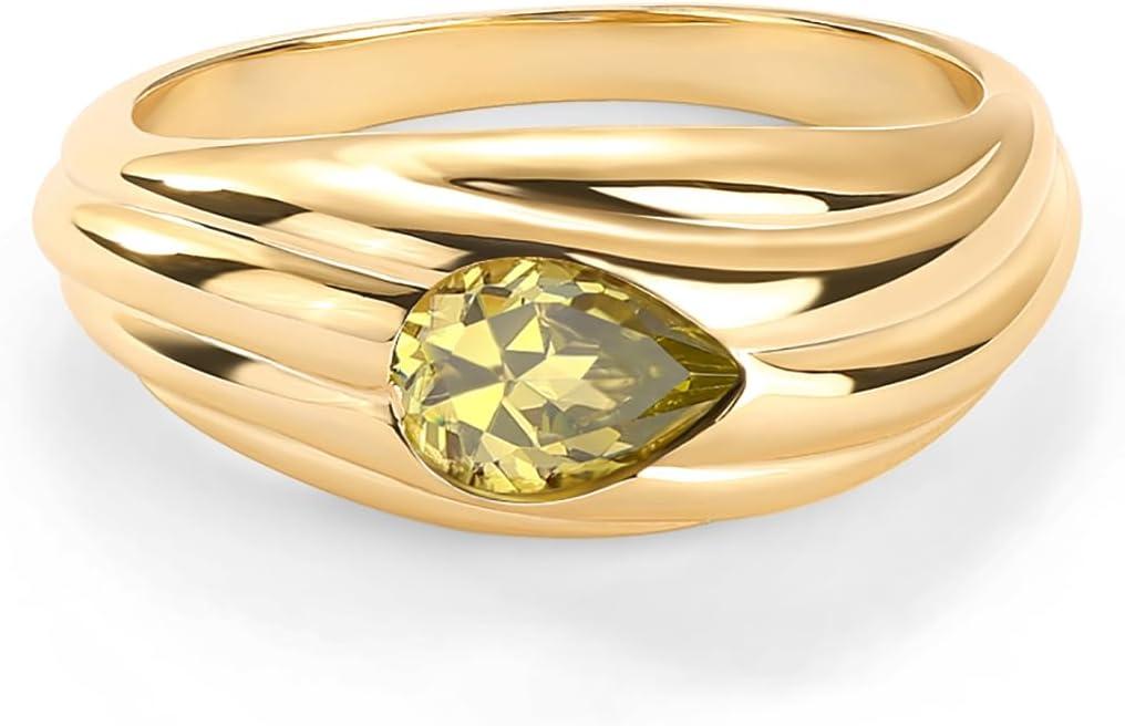 imagePAVOI 14K Gold Plated Chunky Colored Gemstones Statement Ring for Women Blue Pink Green Pear Cubic Zirconia Stackable Wave Texture BandsYellow Gold