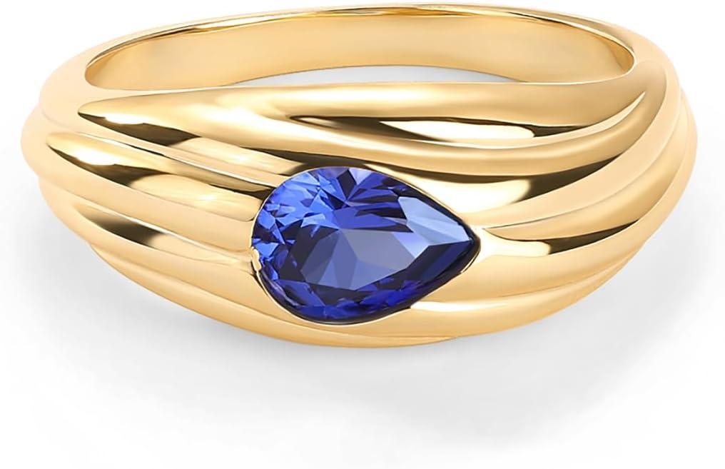 imagePAVOI 14K Gold Plated Chunky Colored Gemstones Statement Ring for Women Blue Pink Green Pear Cubic Zirconia Stackable Wave Texture BandsYellow Gold