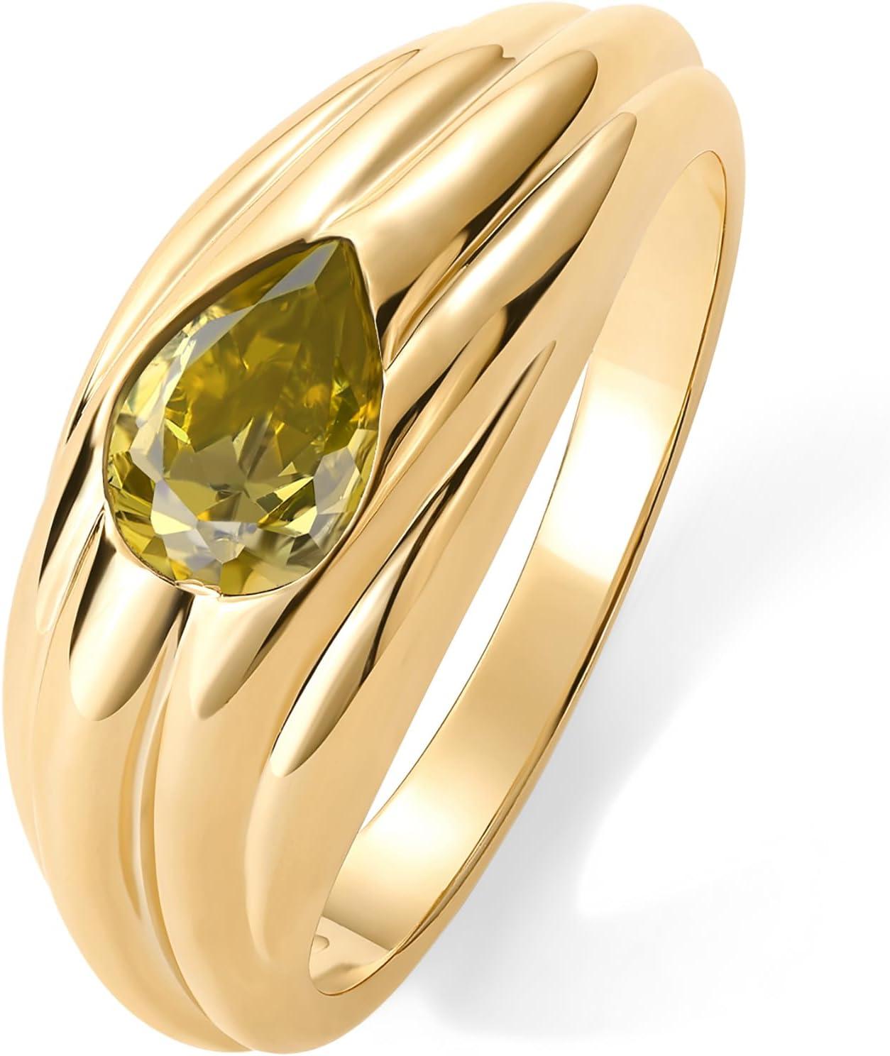 imagePAVOI 14K Gold Plated Chunky Colored Gemstones Statement Ring for Women Blue Pink Green Pear Cubic Zirconia Stackable Wave Texture BandsYellow Gold
