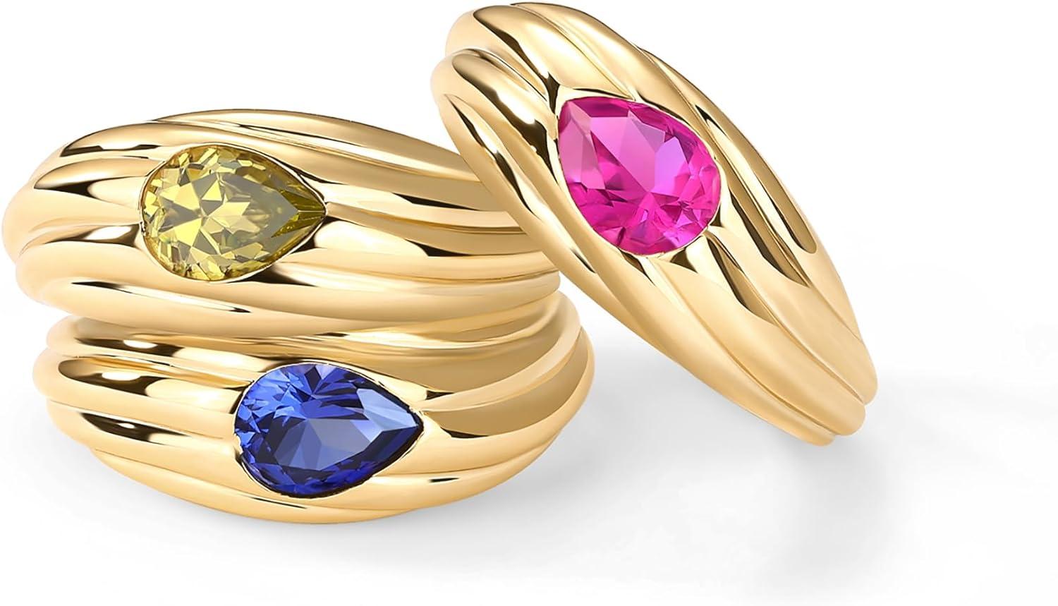 imagePAVOI 14K Gold Plated Chunky Colored Gemstones Statement Ring for Women Blue Pink Green Pear Cubic Zirconia Stackable Wave Texture BandsYellow Gold