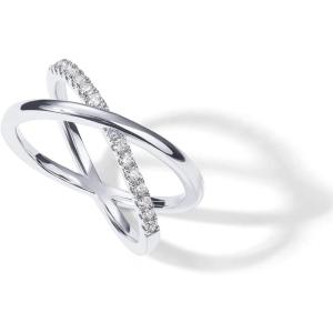 PAVOI 14K Gold Plated X Ring | Simulated Pavé Diamond CZ Criss Cross Ring for Women(White Gold)