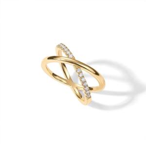 PAVOI 14K Gold Plated X Ring | Simulated Pavé Diamond CZ Criss Cross Ring for Women(Yellow Gold)